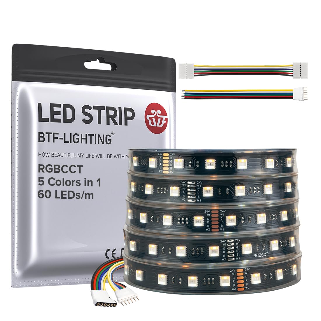 BTF-LIGHTING RGBWW LED Strip Lights 16.4ft 60LEDs/m IP67 Black PCB DC24V Model HD-24V-5050-5IN1-60