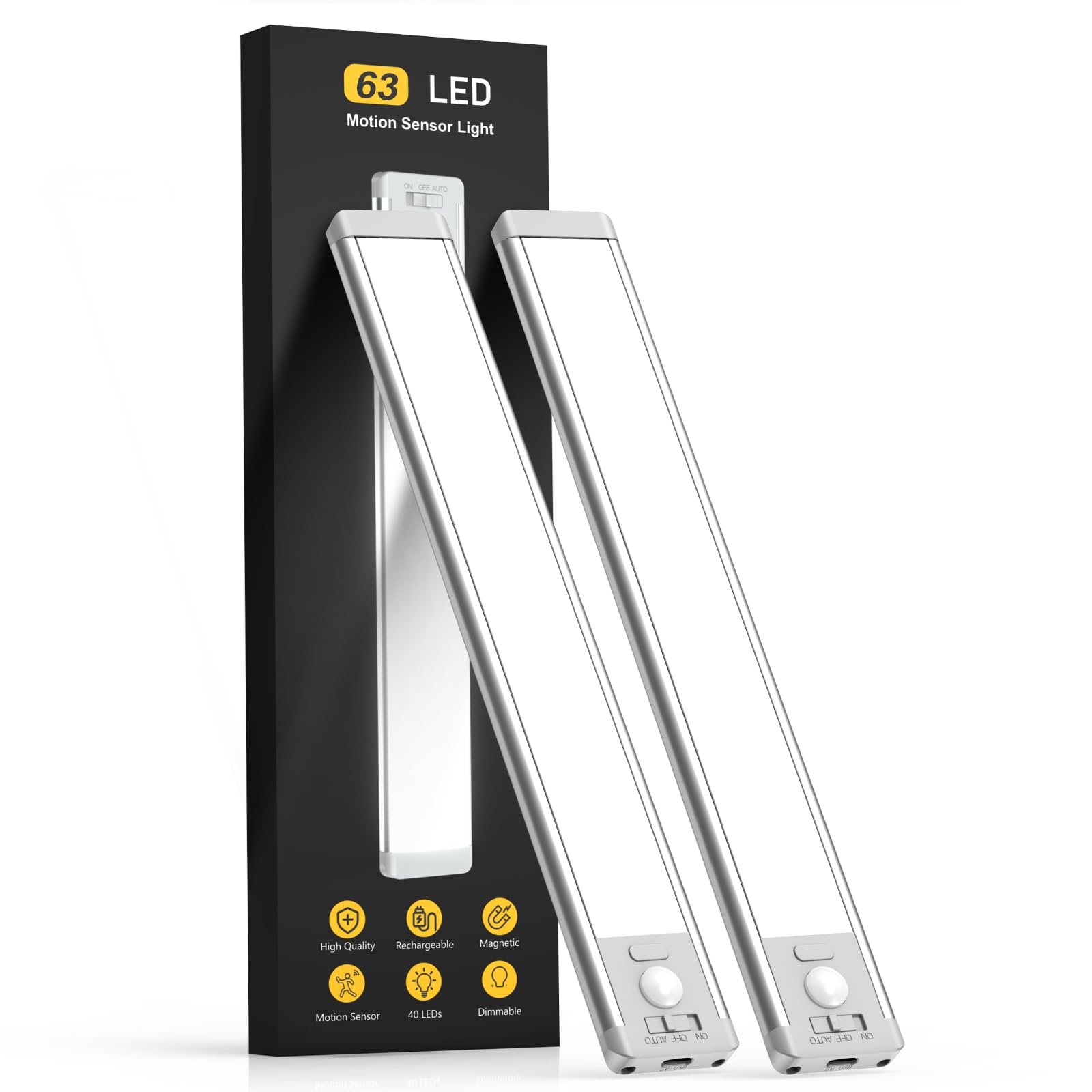 Under Cabinet Lights, 63 Led Rechargeable Battery Operated Motion Sensor Light Indoor, 2 Pack Magnetic Dimmable Closet Lights, W