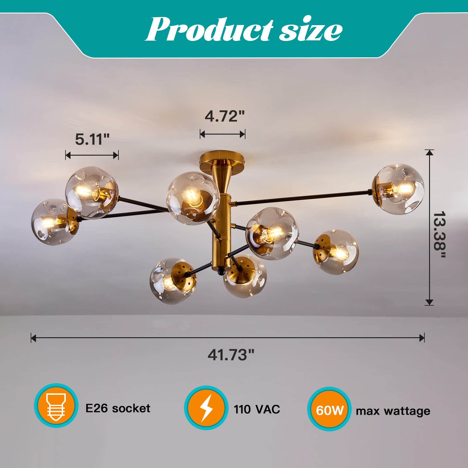 Hesoge 8 Light Sputnik Semi Flush Mount Ceiling Light Fixture Mid Century Modern Chandelier With Glass Globe Black Gold Ceiling Lighting For Dinning Room Farmhouse Kitchen Bedroom Living Room