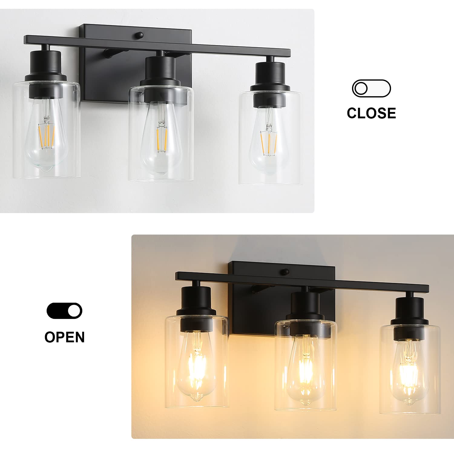 Filimitiy Bathroom Vanity Light Fixtures, 3-Light Matte Black Bathroom Lights, Wall Sconces With Clear Glass Shade For Hallway F