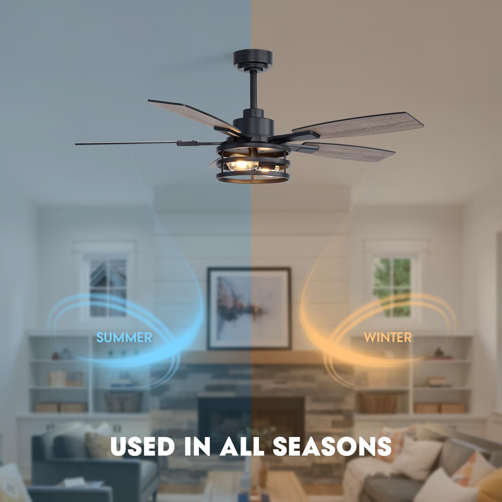 Nuoqiso 52 Inch Black Caged Ceiling Fan with LED Lights & Remote Control, Farmhouse Style for Indoor/Outdoor Use, Model LL-8837D-52-01