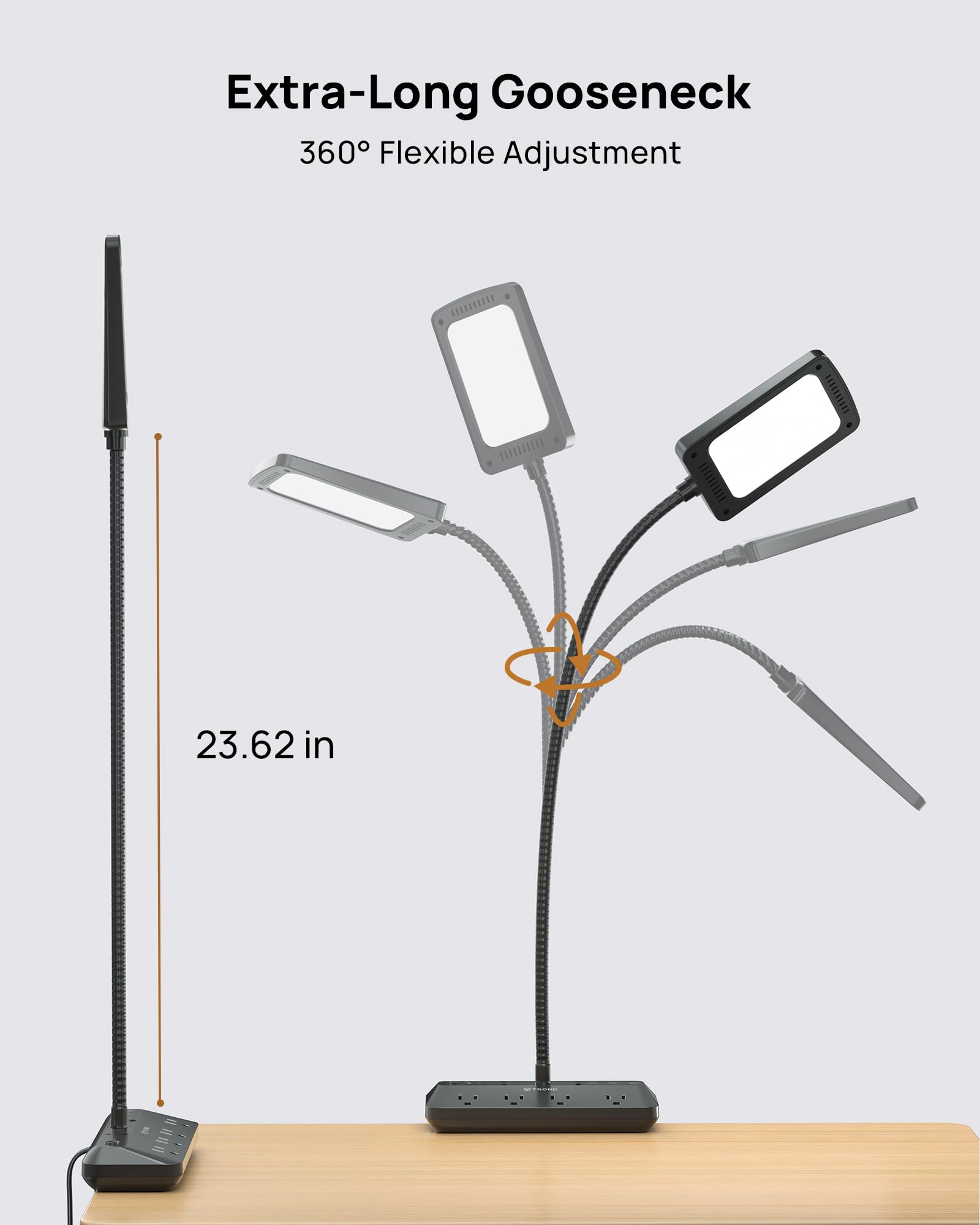 TROND LED Desk Lamp with Clamp, 15 Lighting Modes, 4 Outlet Power Strip, Gooseneck, Small, Black, Model TD-PS-US29L