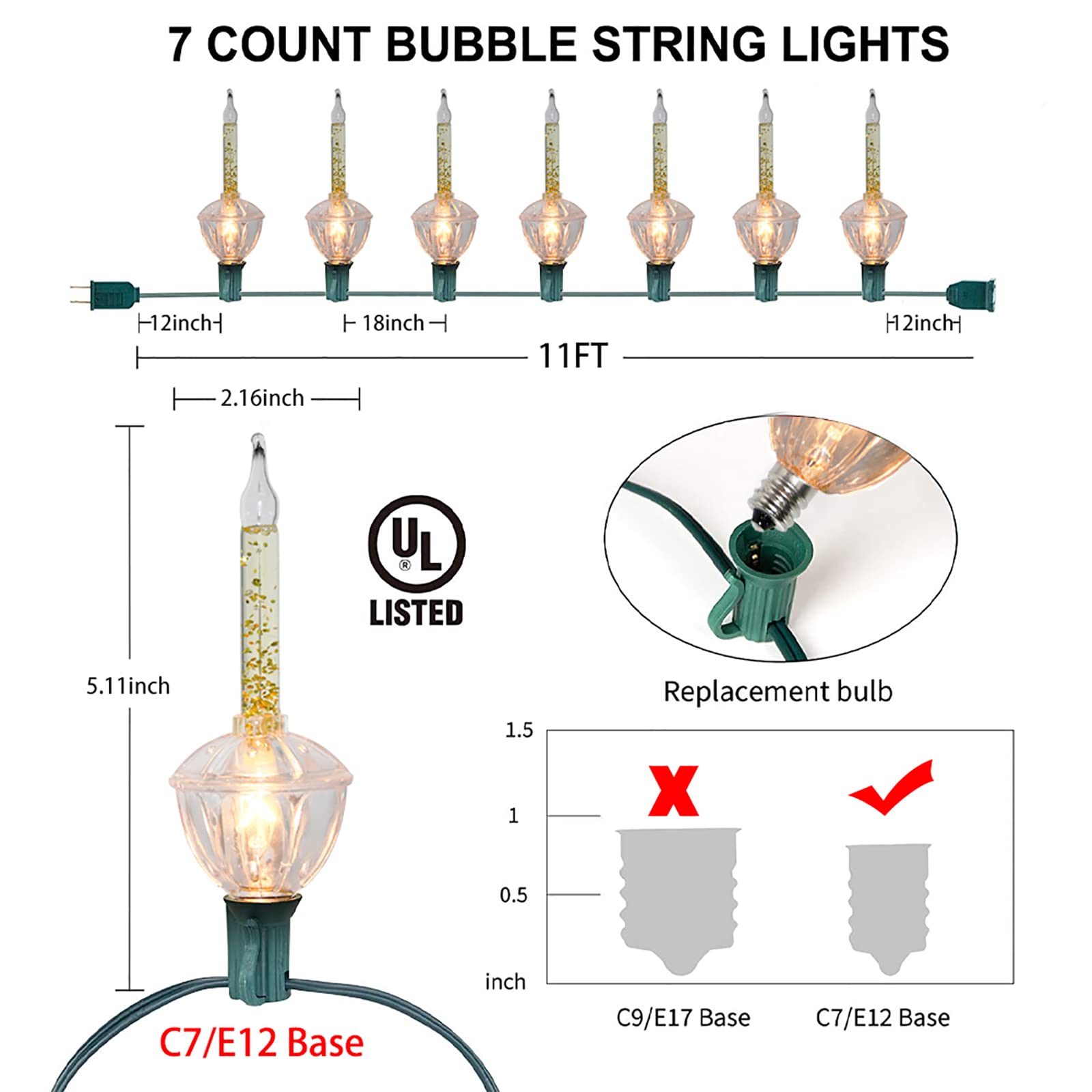 GOOTHY Christmas Bubble Lights - 11Ft Gold Vintage String Lights, 8 Clear Bubble Lights with Gold Glitter, E12 Base, UL Listed