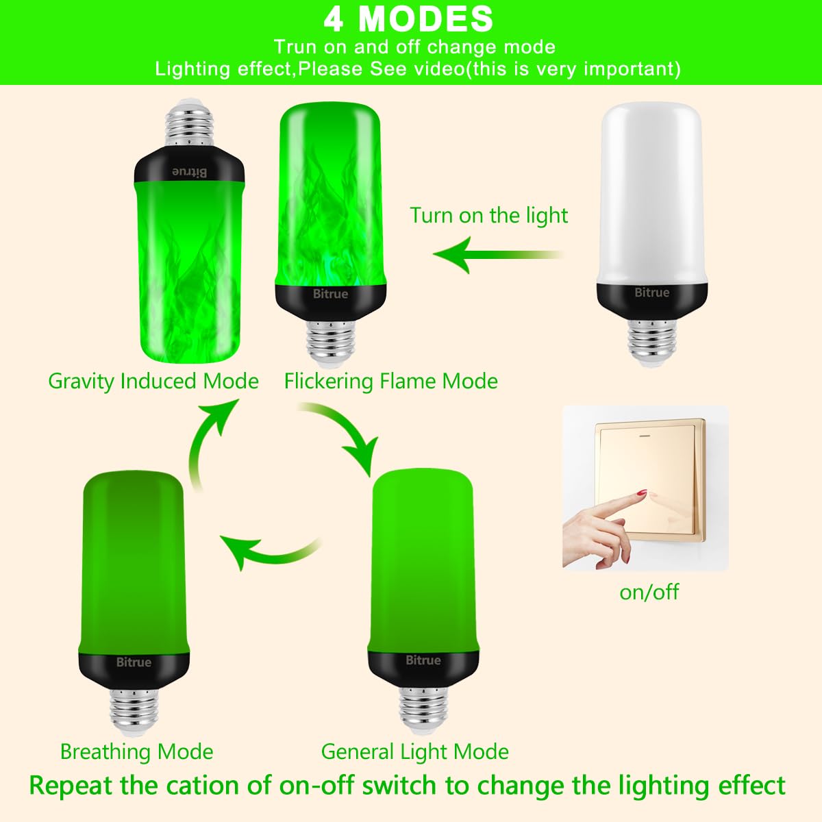 Bitrue Led Flame Light Bulbs, 4 Modes Green Flame Effect Bulbs, E26 Base Fire Light Bulb With Gravity Sensor, Flickering Light B