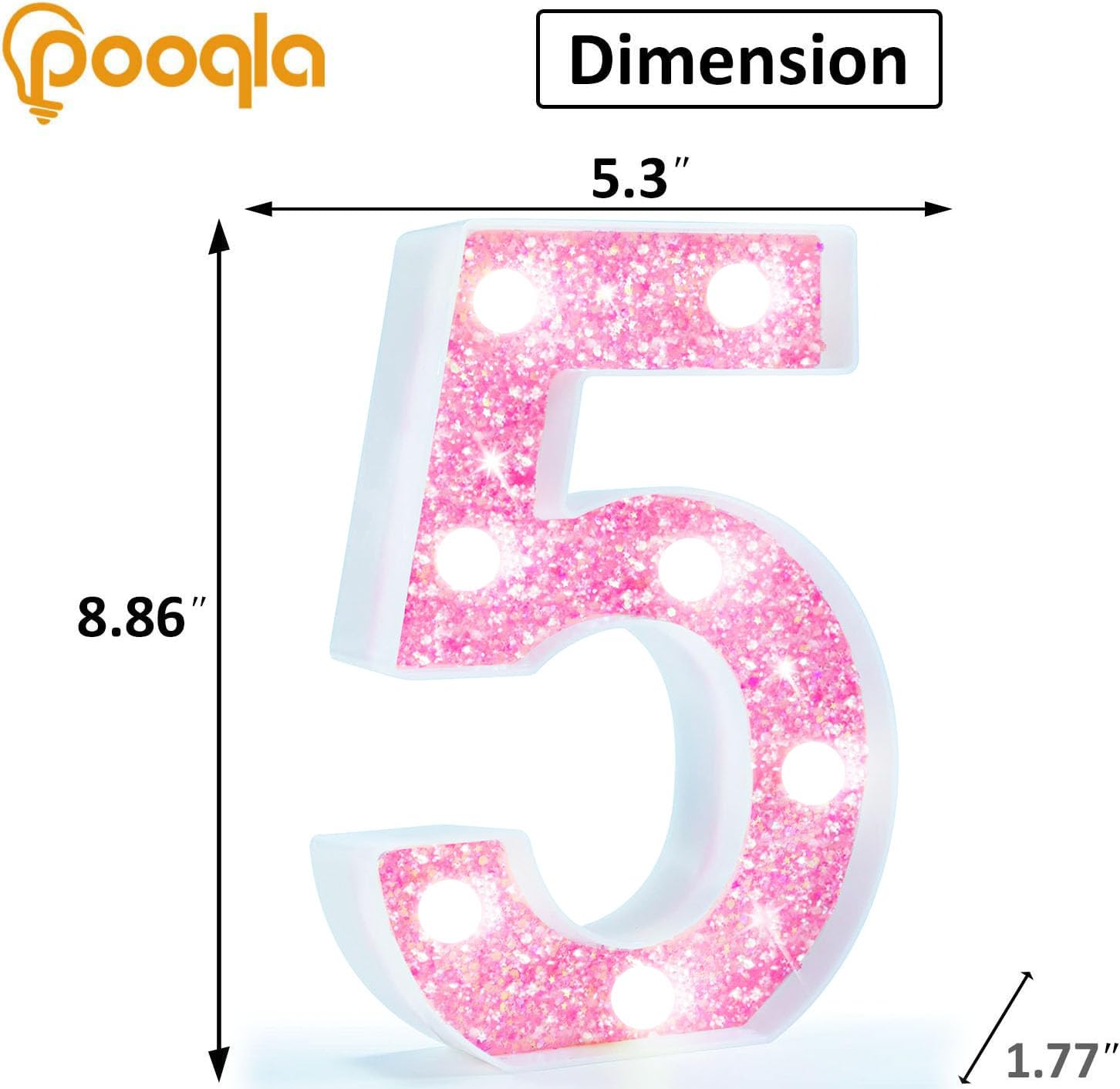 Pooqla Pink Number 5 Lights - Battery Powered Glitter Night Light for 5th Birthday, Wedding, Christmas, Cool White