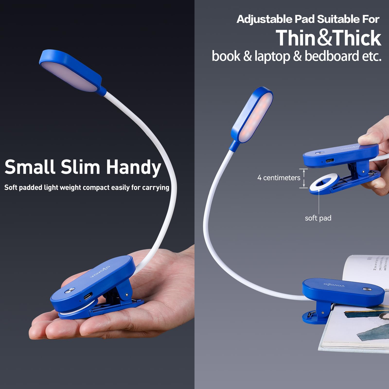 VAVOFO Rechargeable Book Light, 14 LEDs Eye Care Clip On, 9 Colors, 9 Brightness Levels, Blue, Model KM-6775