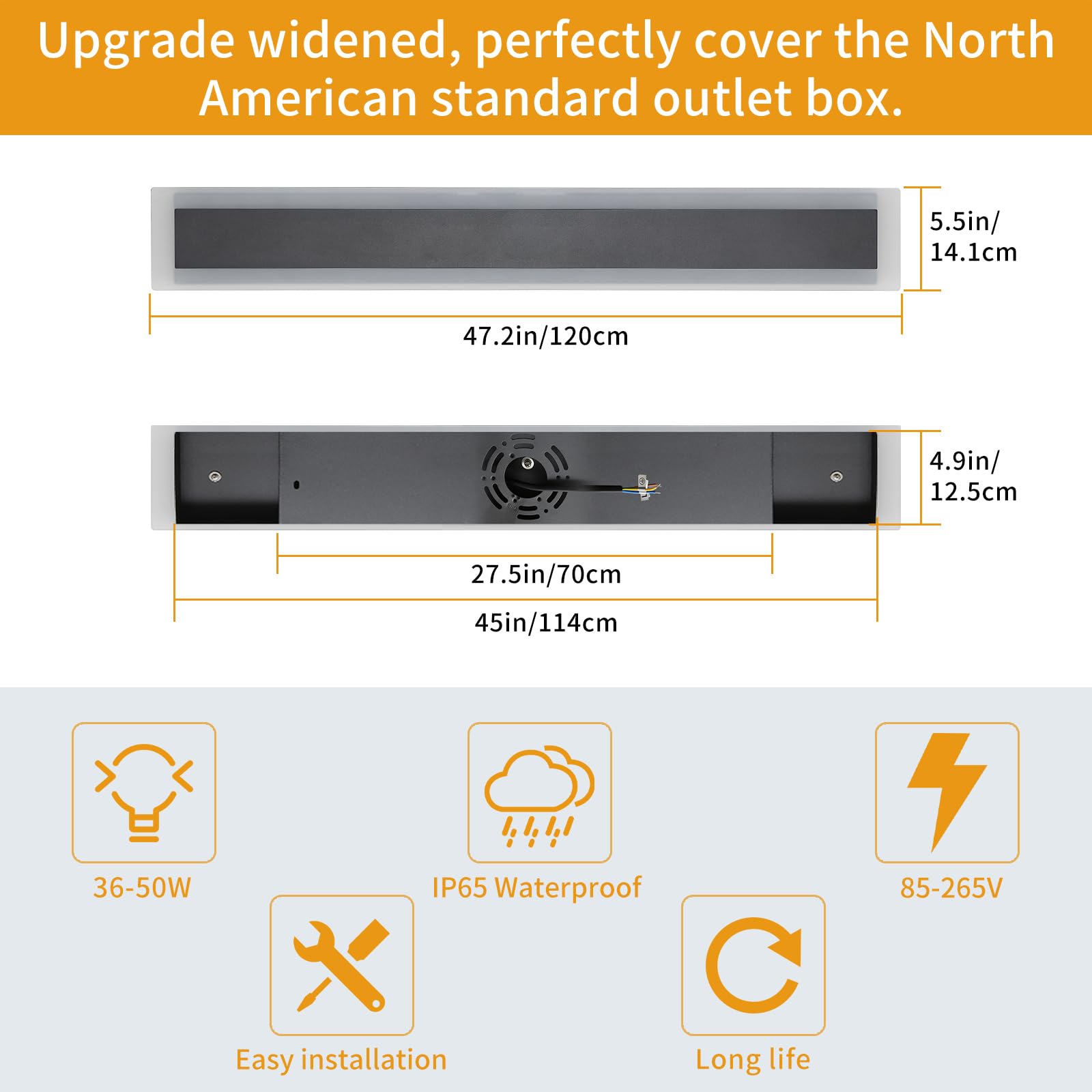 Daoseolo LED Wall Light, 47.2" Modern Sconce, 3 Color Temp, IP65 Waterproof, Model TC-KBFTBD-SSG-120-2pc,