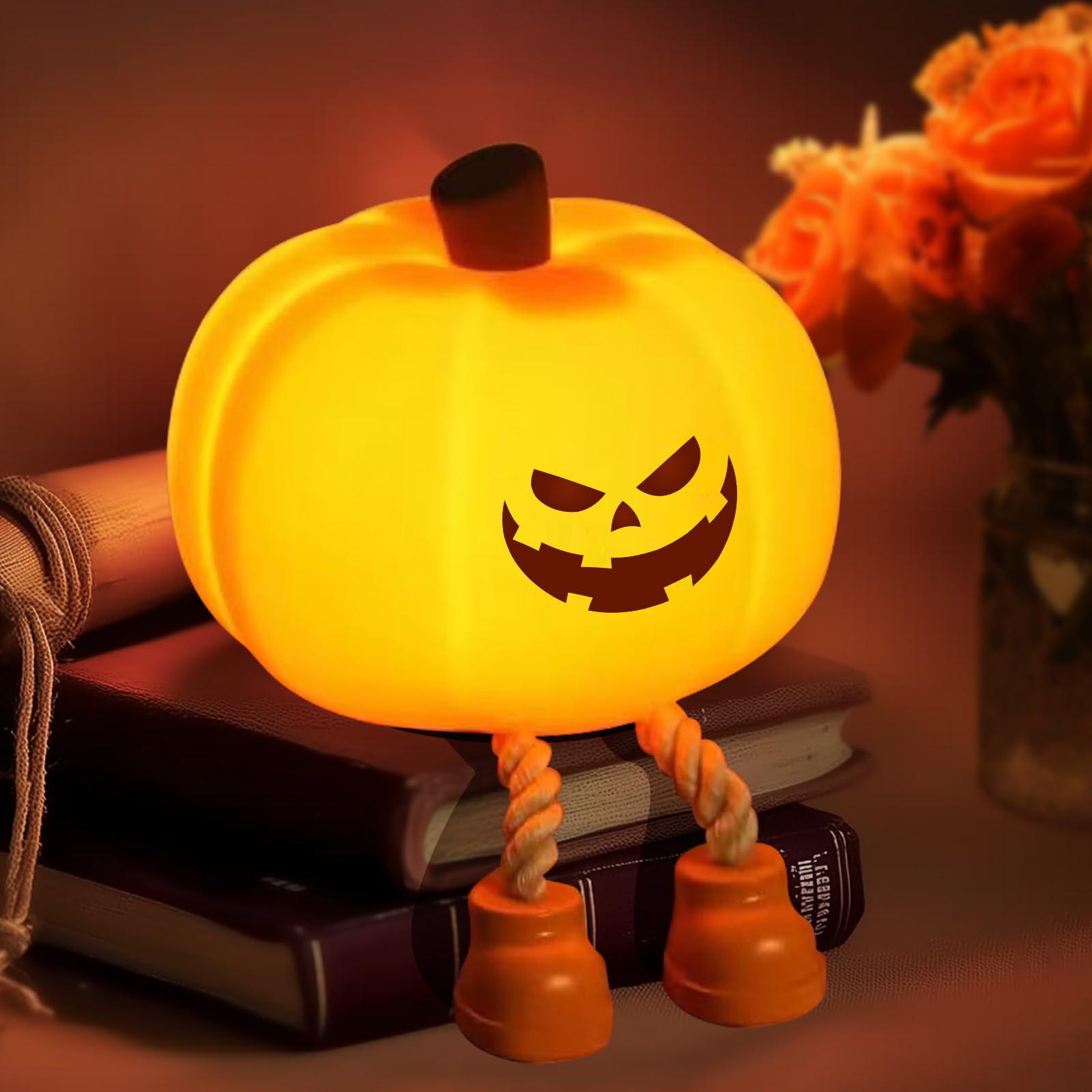 YR YRHH-PET LED Evil Smile Pumpkin Night Light, Dimmable Touch Lamp, Rechargeable, Model K-1165, Cute Halloween Decor