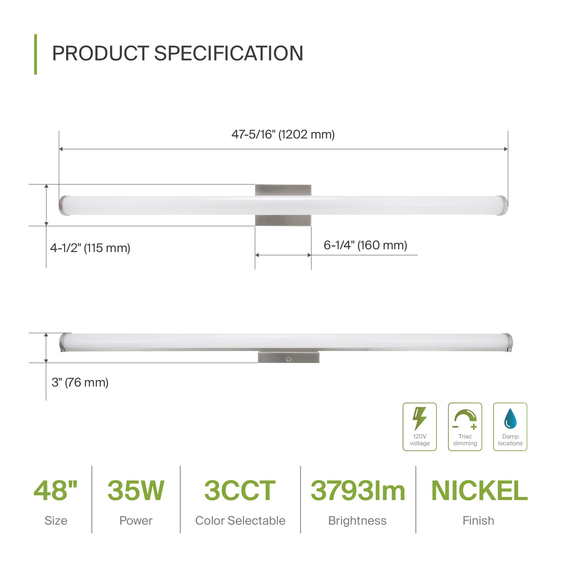 ASD LED Wall Mount Vanity Light Fixture, 48 Inch, 35W, Dimmable, Energy Star, Brushed Nickel, Model A-LVF23-48D35CCNK