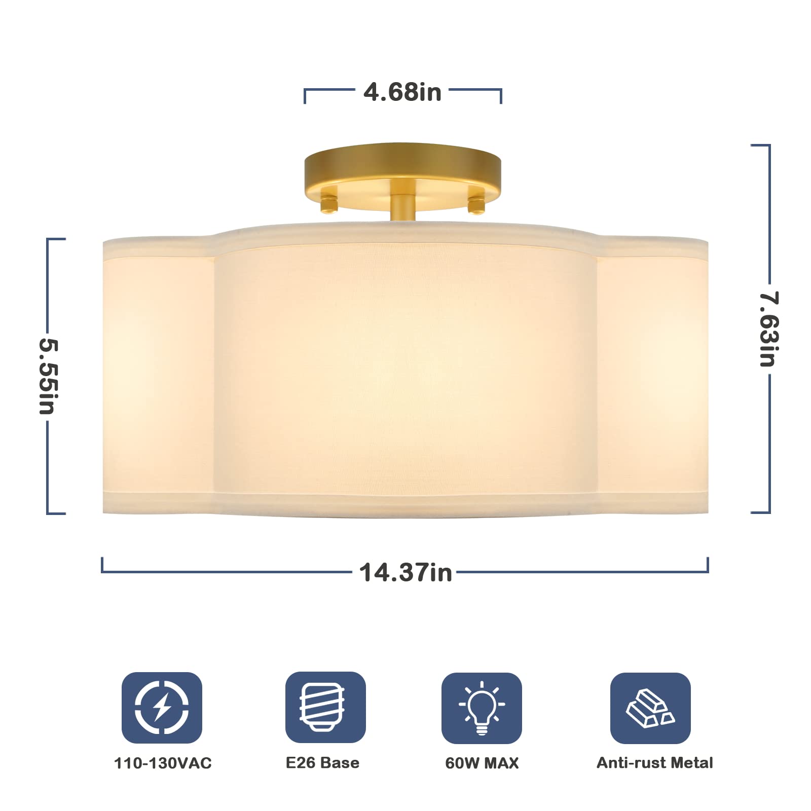Beslowe 4-Light Gold Semi Flush Mount Ceiling Light, White Fabric Shade For Bedroom & Hallway