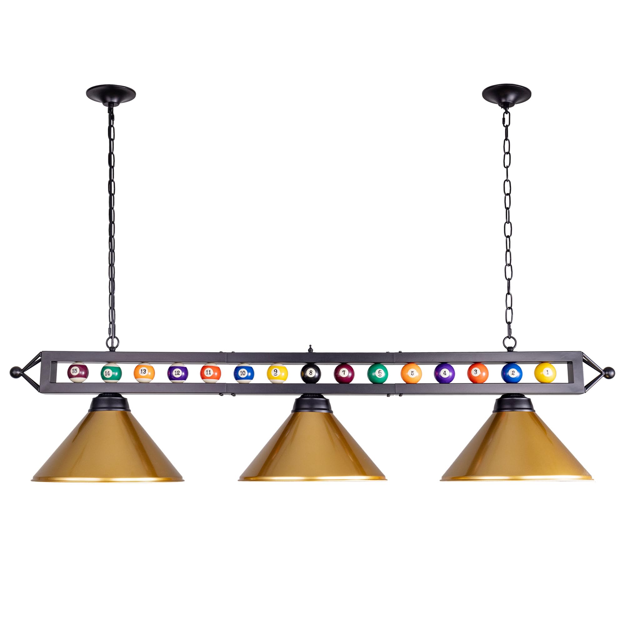 Wellmet 3-Light Billiard Pool Table Light Fixture, Matte Metal Shade, Gold, Model CHL-002, for 7-8 Tables