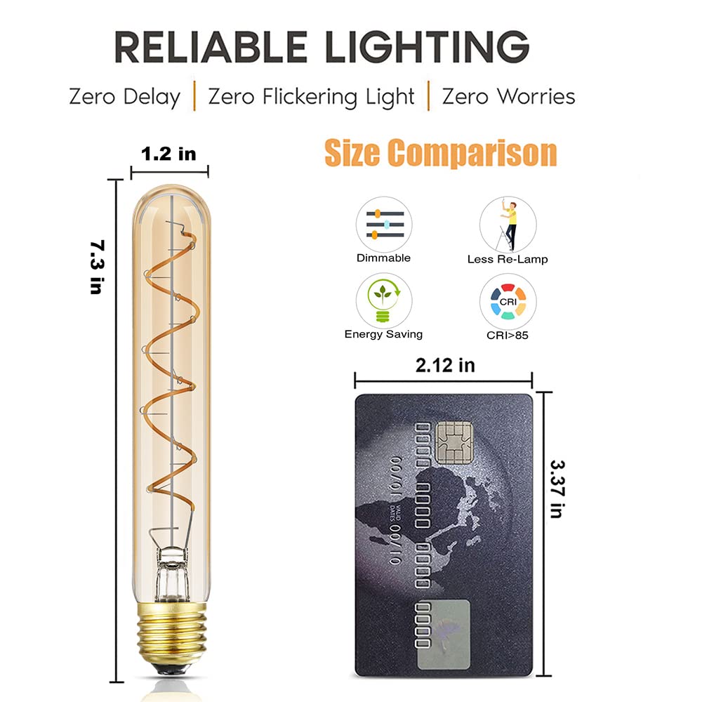 Leools Dimmable T10 LED Bulbs, 7.3" Amber Glass, 40W Vintage, Warm White 2200K, Pack of 4, E26 Base,