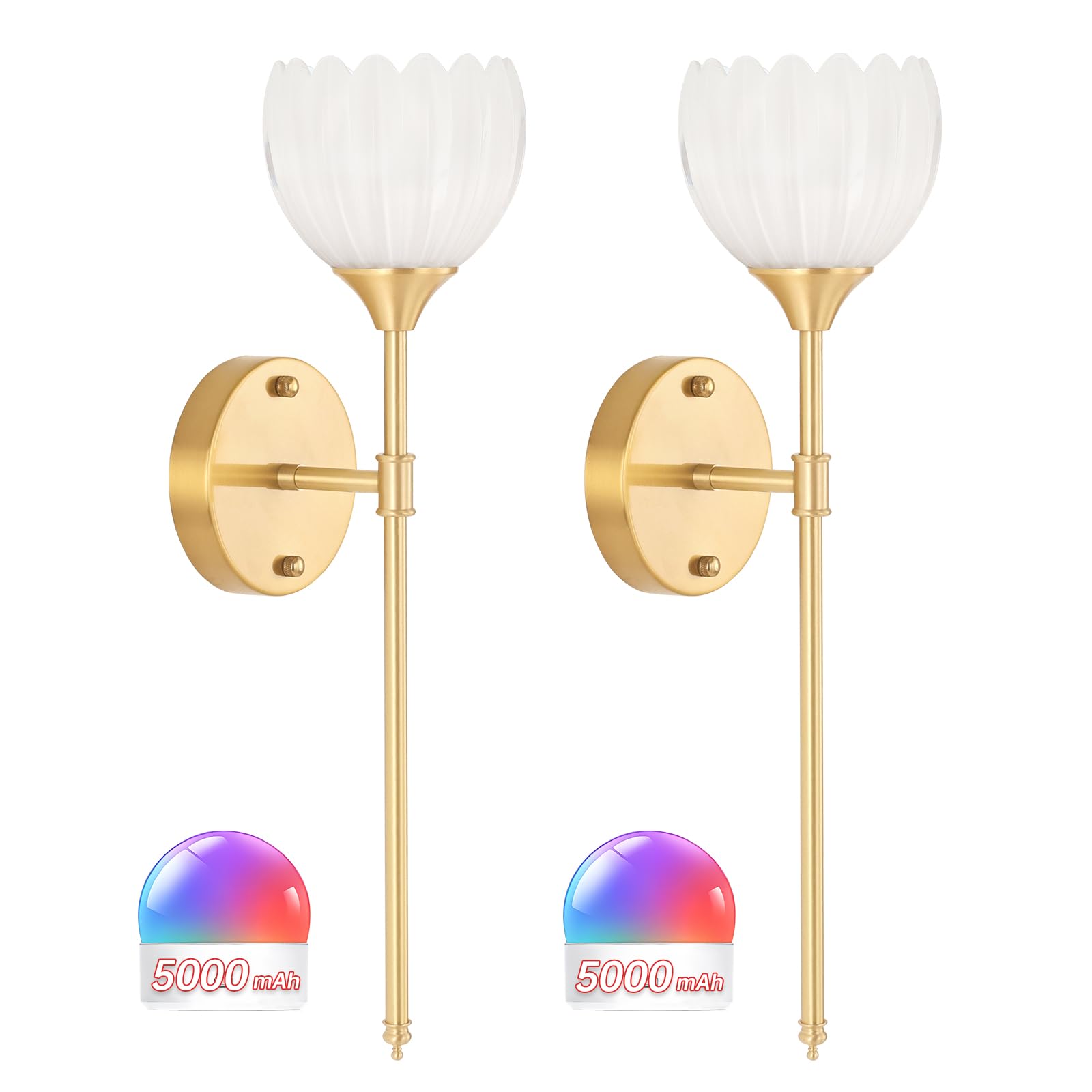 Shenmoyl Battery Operated Wall Sconce Set of 2, Vintage Glass Light Fixture, Rechargeable, Tulip White-Sceptre Brass, Model 295af6ef