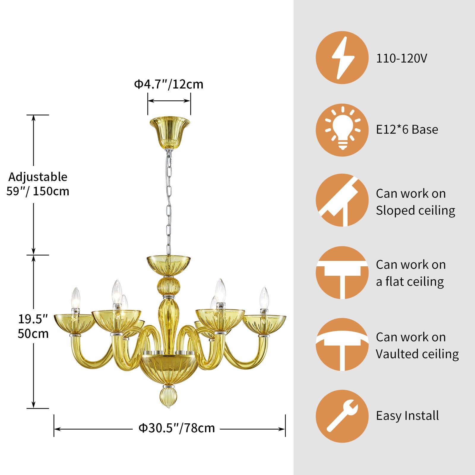 SM Saint Mossi 6-Light Crystal Chandelier, Yellowish Green, E12 Socket, D30xW30xH20, Modern Dining Room Light Fixture
