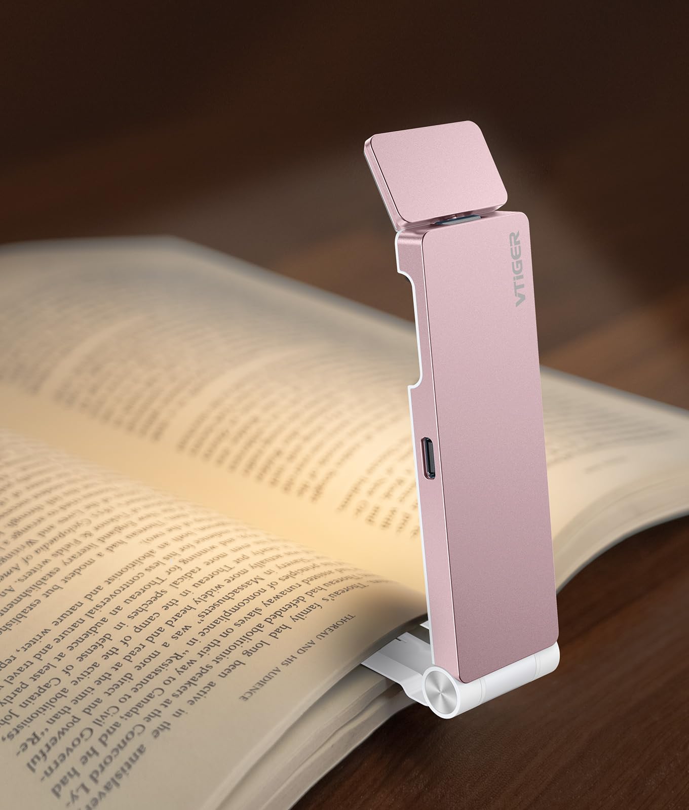 VTIGER USB Rechargeable Book Light, Foldable Clip-on LED, 3 Amber Colors, 4 Brightness Levels, Rose Gold, Model B1