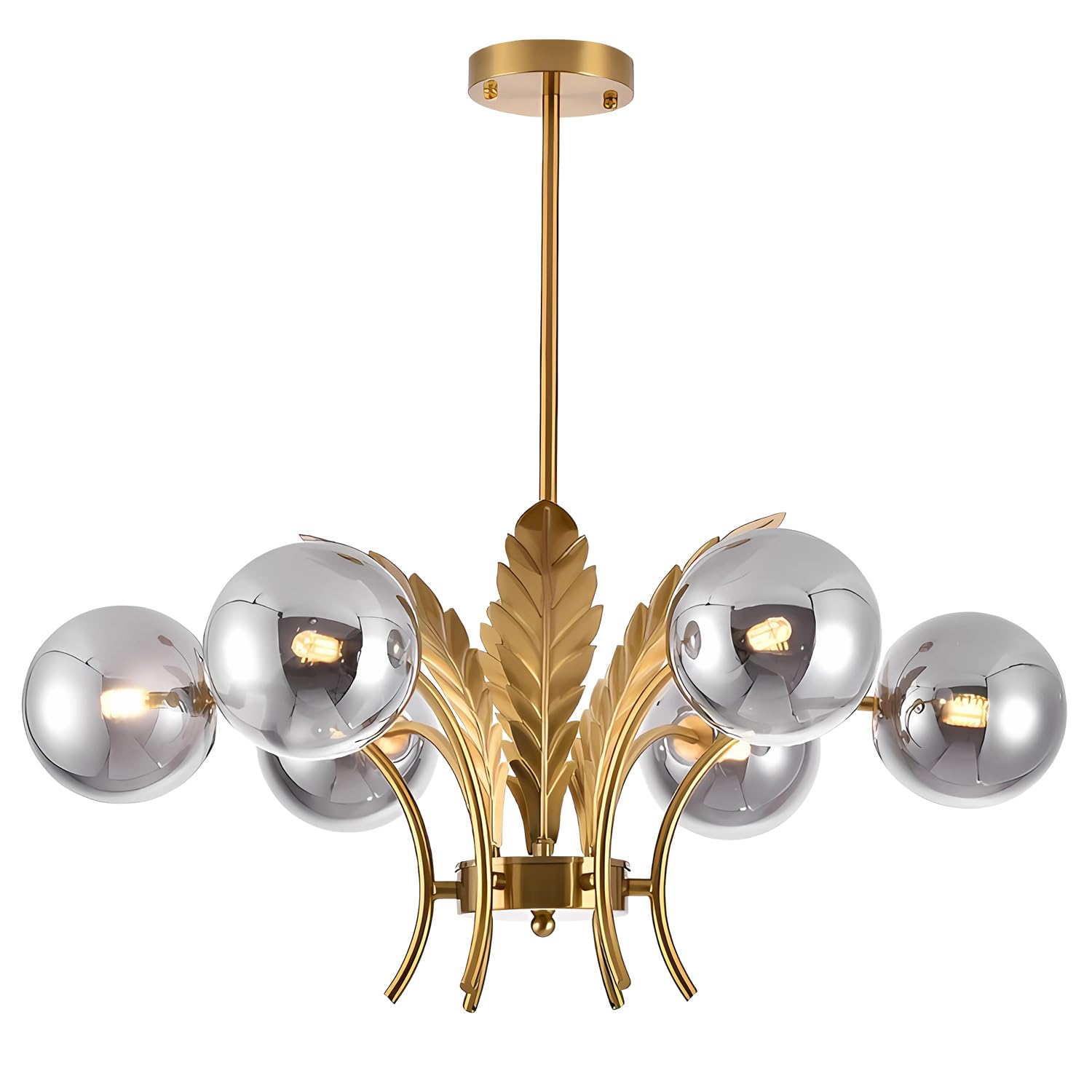 BOKT Gold Sputnik Chandelier Mid Century Smoky Gray Glass Chandelier Light Leaf 6-Light Adjustable Ceiling Hanging Light Fixture