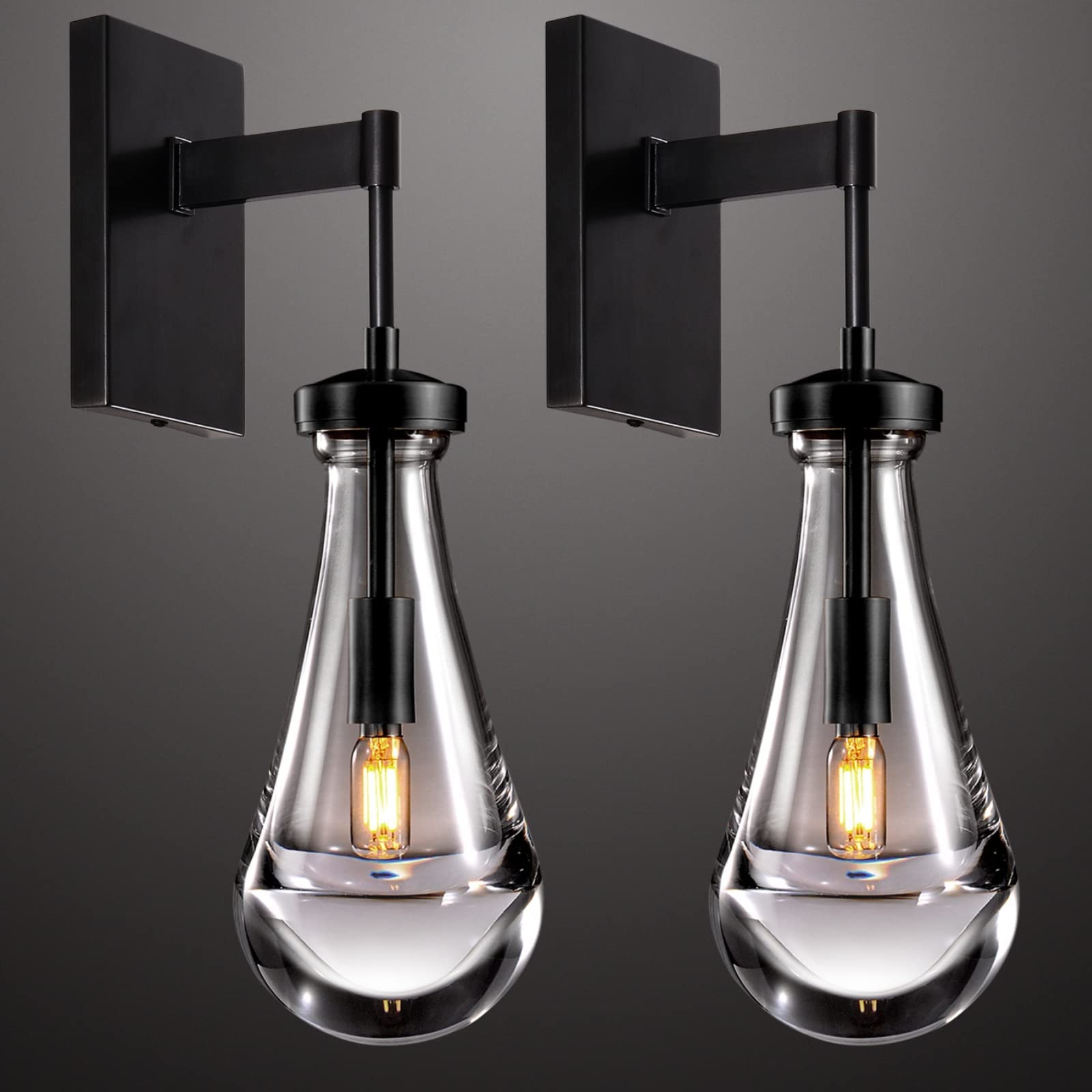 Joyunleo Wall Sconces Set of Two  Black Dimmable Raindrop Wall Lighting  Modern Bathroom Sconces Wall Lamps Vanity Lighting for Living Room  Wall Lights for Bedroom  Hallway