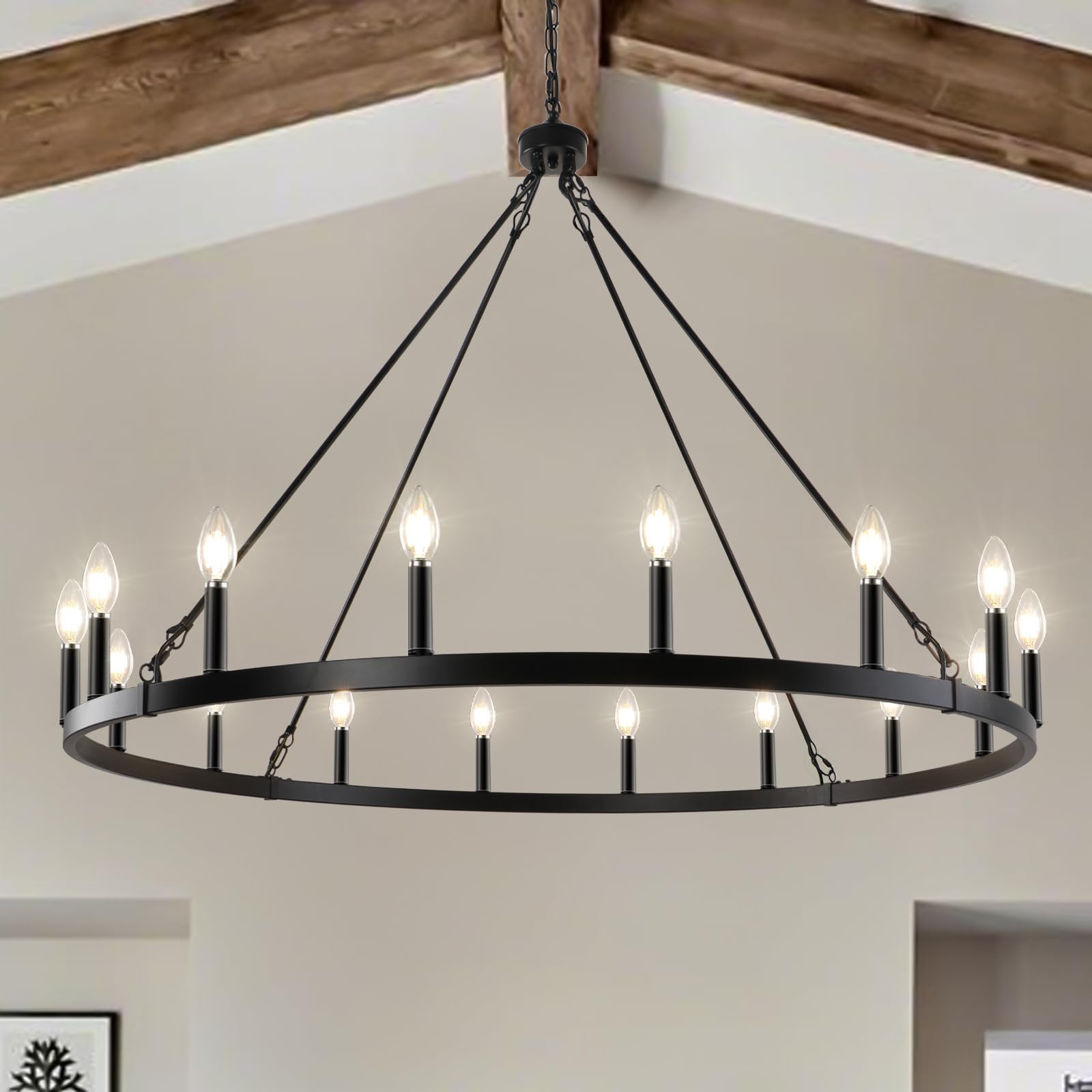 LynPon Black Wagon Wheel Chandelier 47 Inch  16 Lights Modern Farmhouse Chandeliers  Rustic Large High Ceiling Round Chandelier  Industrial Hanging Light Fixture for Living Room Dining Room Foyer