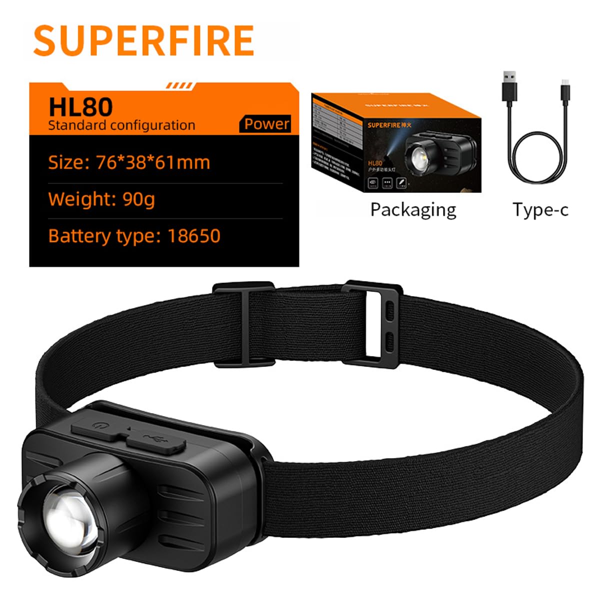SuperFire Rechargeable LED Headlamp, 4 Modes, Zoomable, Waterproof, Small, HL80-BLACK, 2-Pack