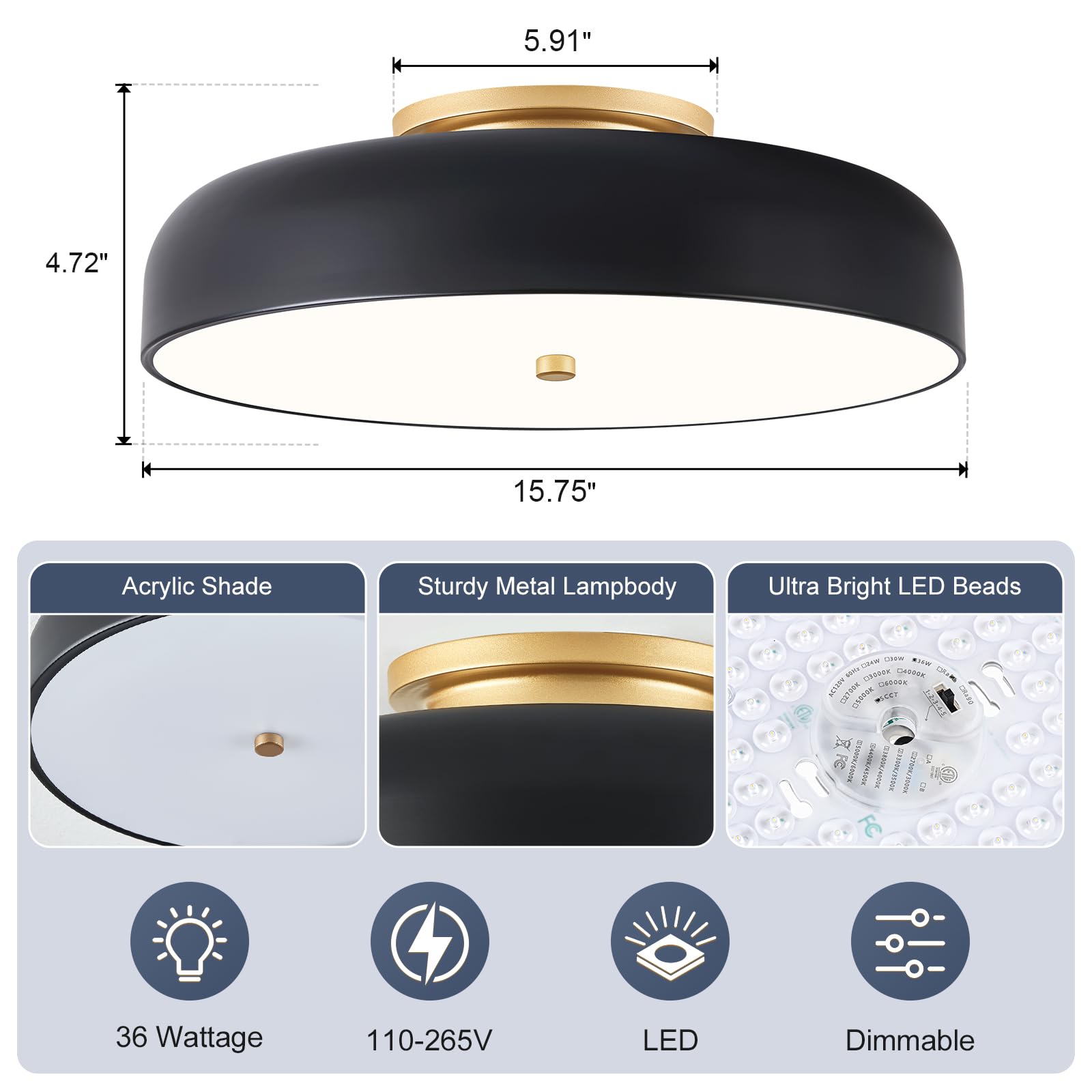 Dimmable Modern Led Ceiling Light,Mid-Century Black And Gold Semi Flush Mount Ceiling Light , With Acrylic Shade, 5Cct 2700K-600