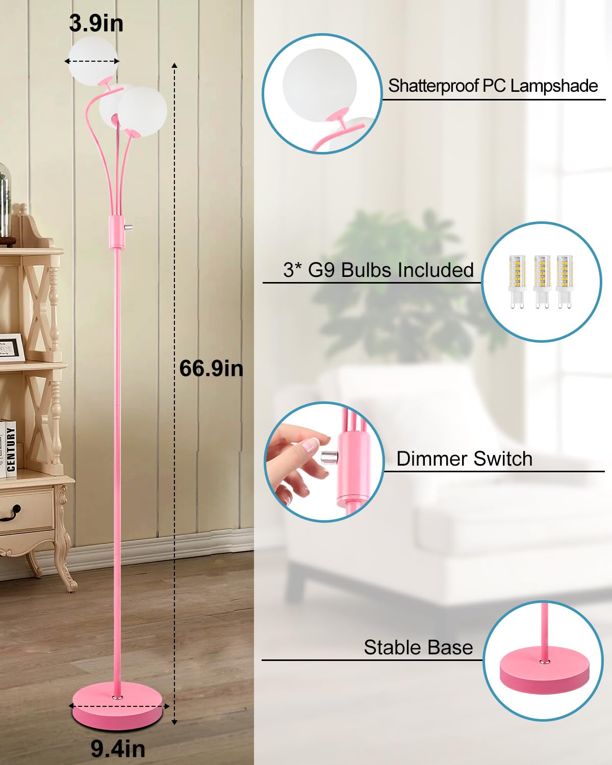 Lightdot Pink Floor Lamp For Girls Room Stepless Dimmable Globe Standing Lamp With 3Pcs 3000K G9 Bulbs Modern Design & Stable Ba
