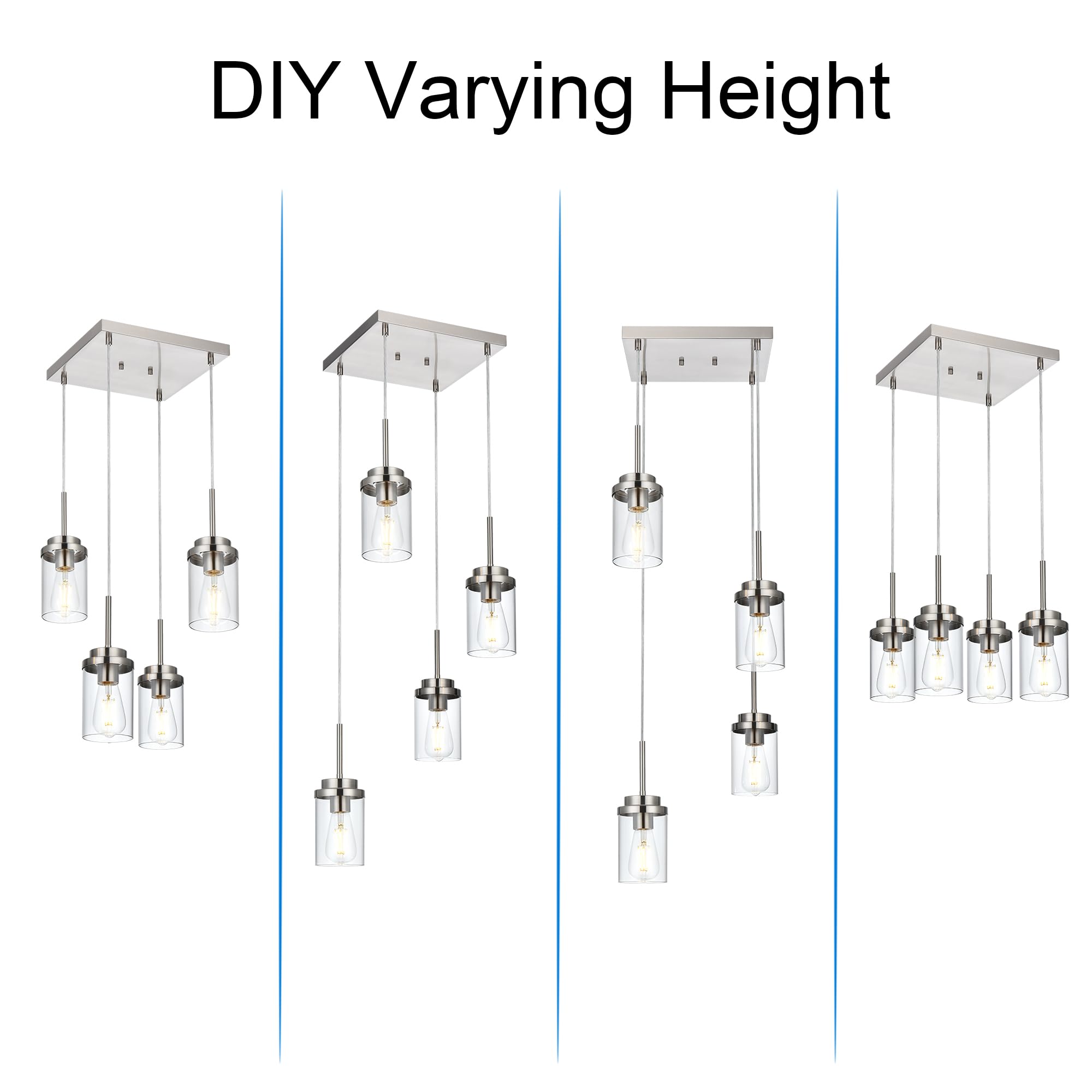 MELUCEE 4-Light Pendant Light Fixtures, Brushed Nickel, Metal, Height Adjustable, Model 4-4501-4FD-SN