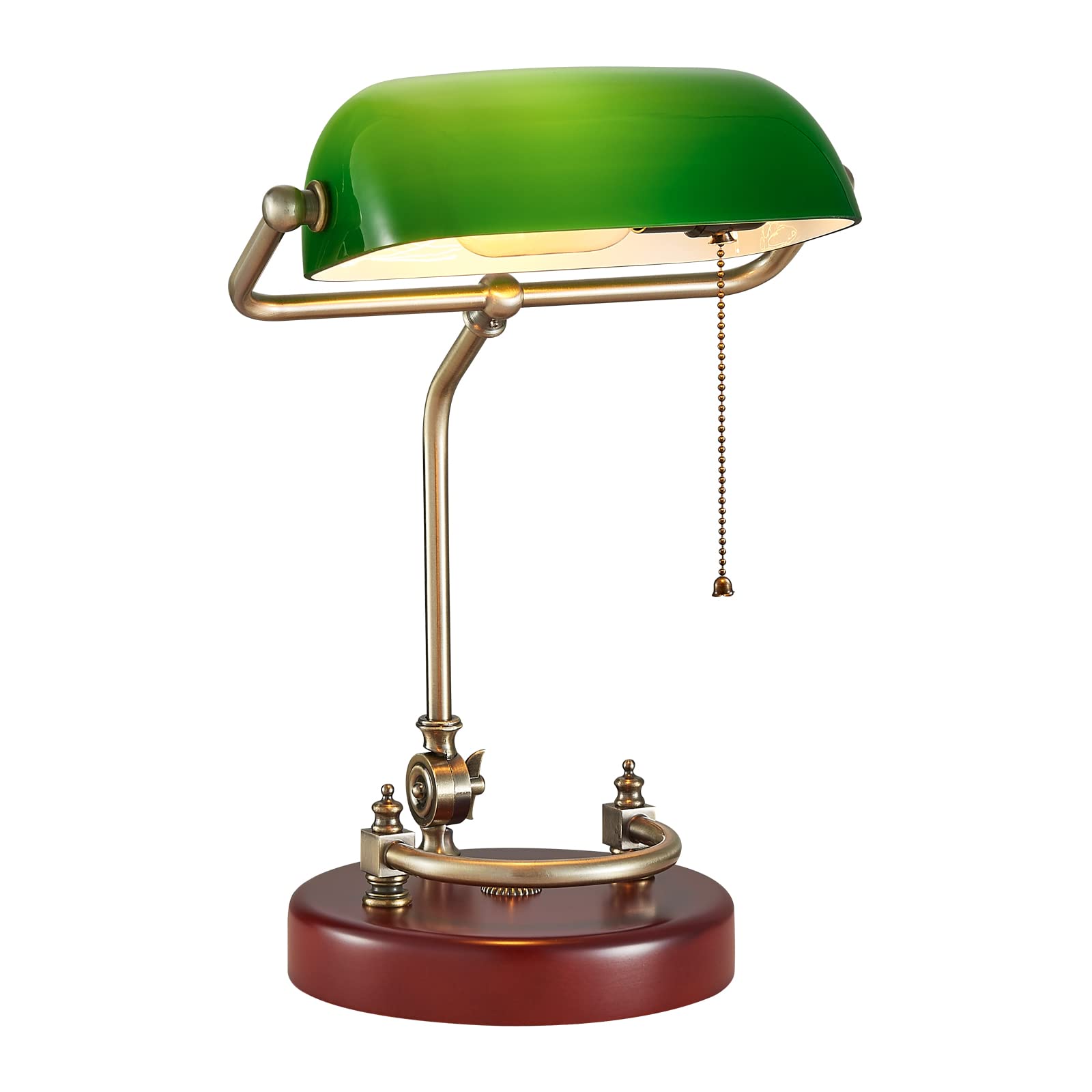 Bankers Lamp, Traditional Green Desk Lamp with Solid Birch Wood Base, Green Glass Antique Library Lamp with Pull Chain Switch, P