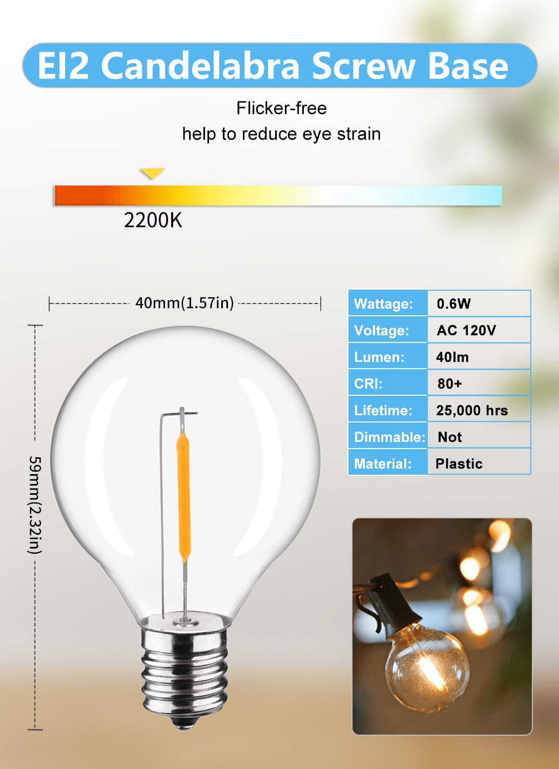 FUTIME LED Night Light Bulbs, C7 Shatterproof, E12 Base, 0.6W Equivalent to 7W, Warm White 2200K, 50LM,