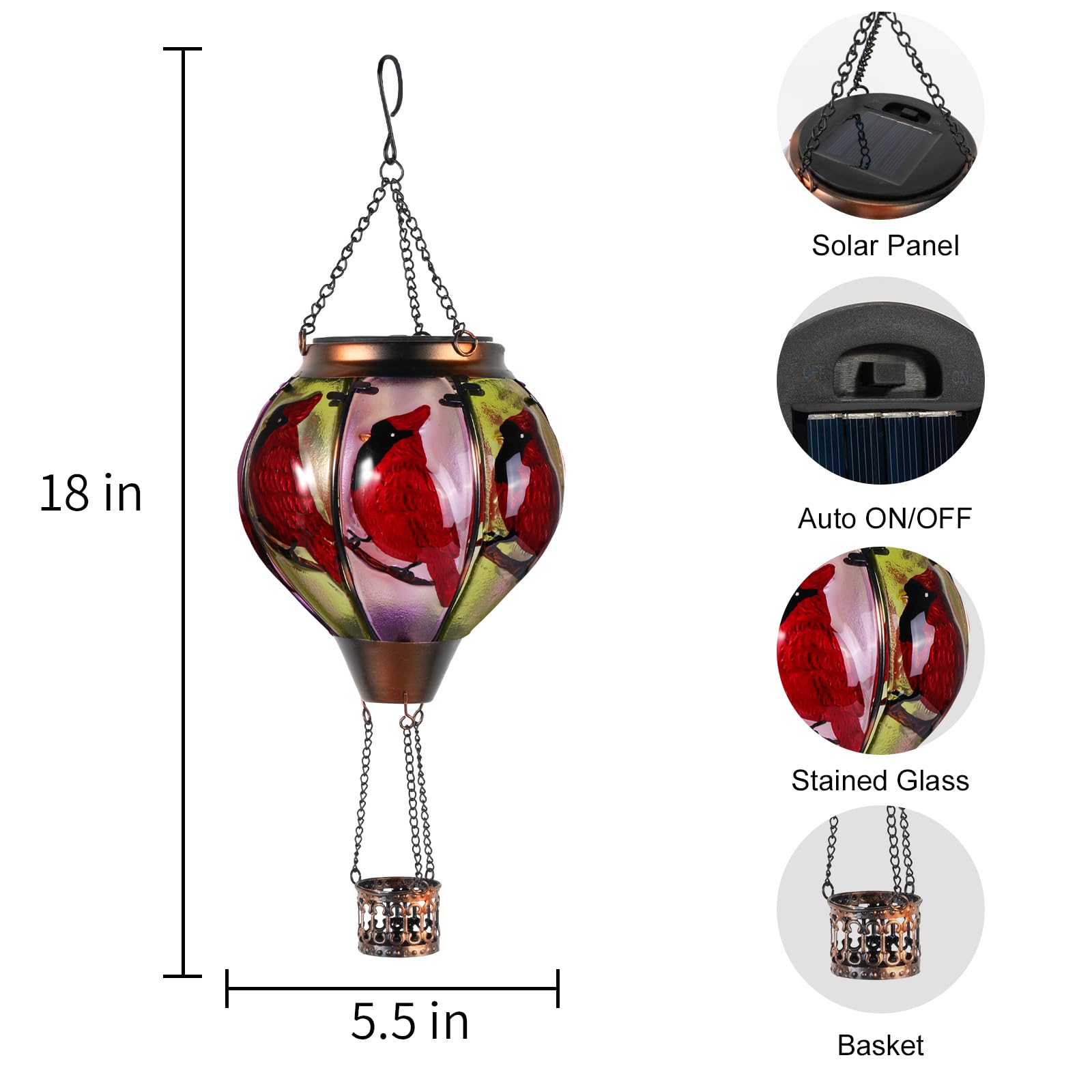 Cardinal Bird Hot Air Balloon Solar Lantern Lights, Solar Hot Air Balloon Flickering Flame Hanging Garden Light Candle Led Glass & Metal Outdoor Waterproof Lanterns Porch Yard Decor, Gift For Mom