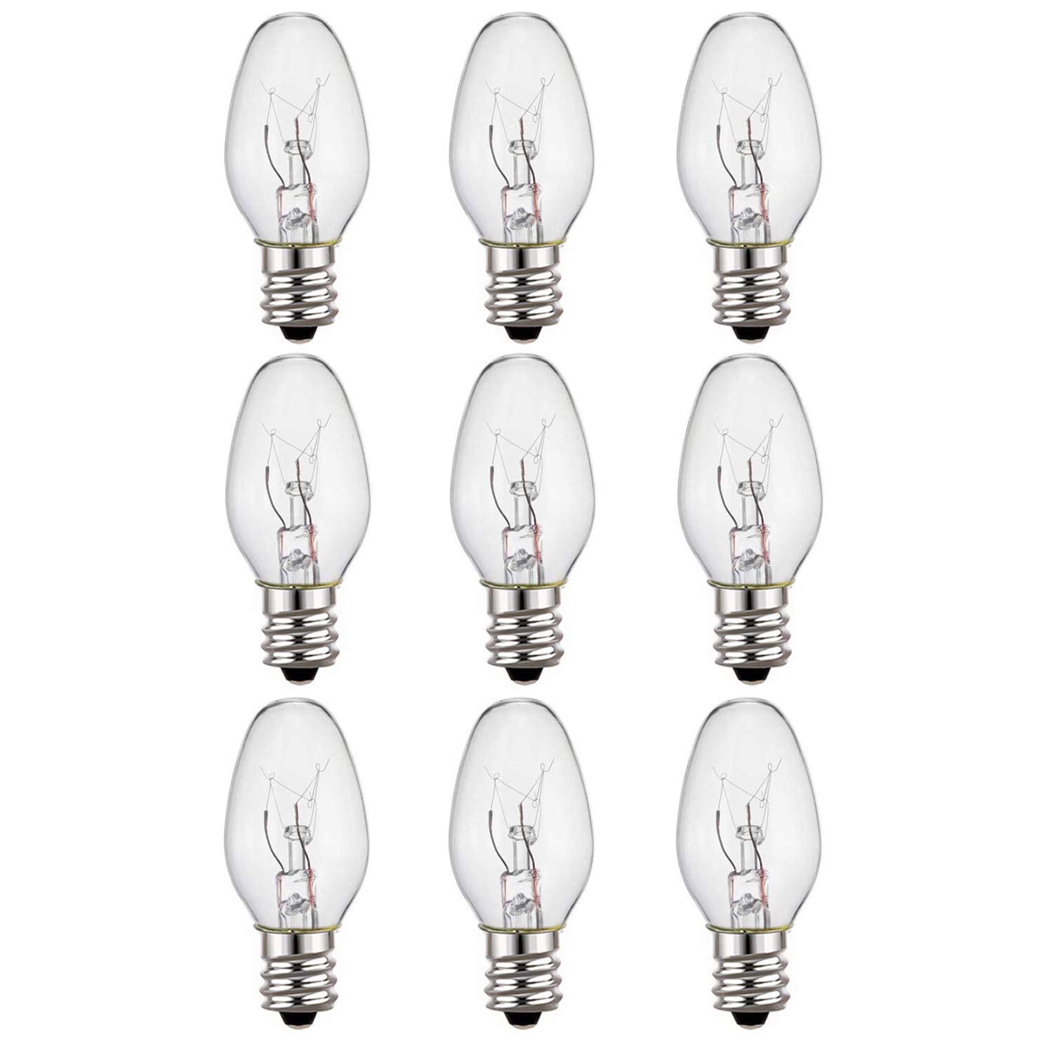 9-Pack,7 Watt Salt Lamps And Night Light Replacement Bulbs, Crystal Clear Glass,C7/7 Watt/120 V/45 Lumen,E12 Candelabra Base Long Life Bulbs