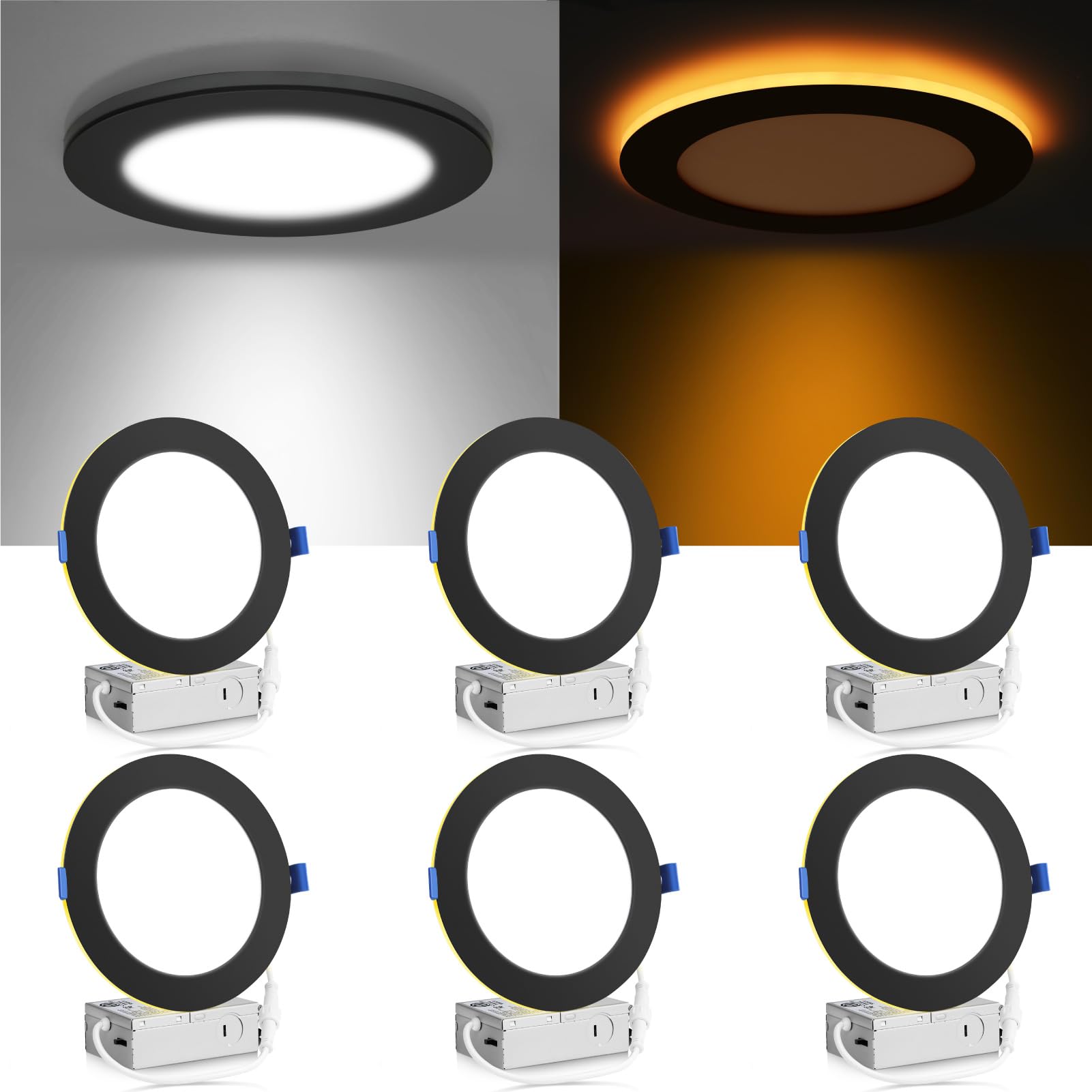 Meconard 6 Pack 6 Inch 5CCT LED Recessed Ceiling Light with Night Light, 2700K/3000K/3500K/4000K/5000K Selectable Ultra-Thin Lig