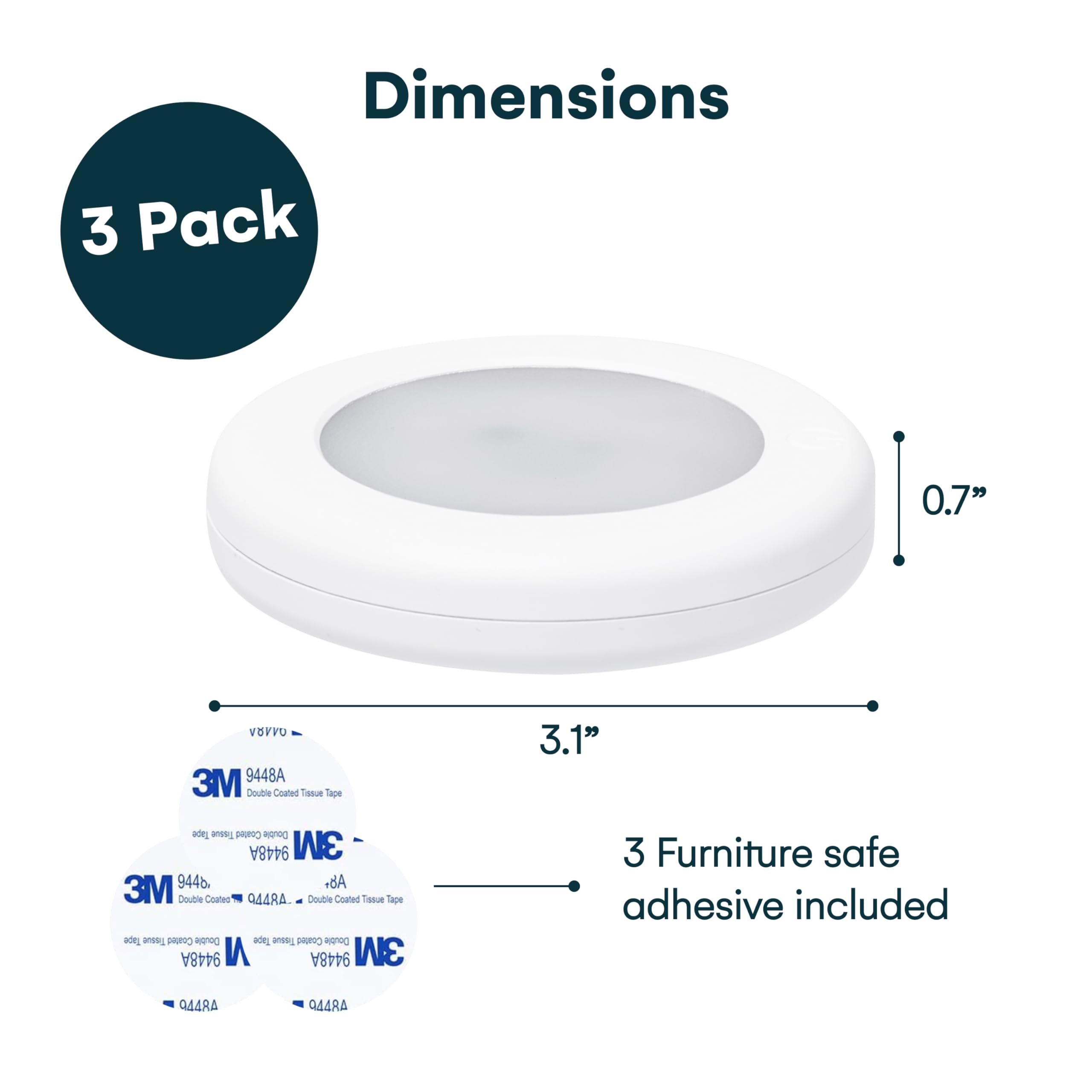 Brilliant Evolution Rechargeable Puck Lights - Dimmable LED - 3000K/6000K - Pack of 3 - White - Model P-BEv-RchPuk-3pk