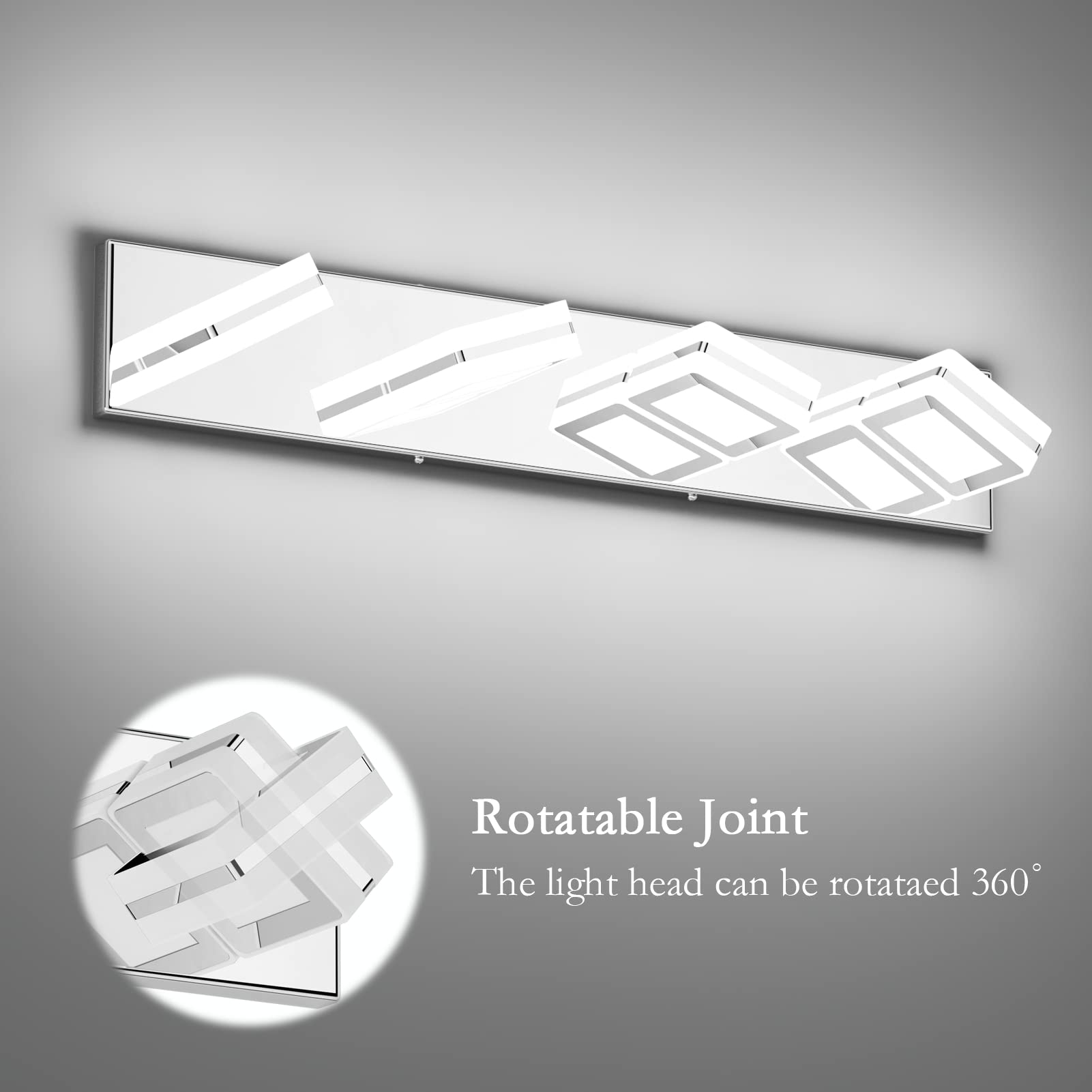 Ralbay Modern LED Bathroom Vanity Lights, 4 Light, Chrome, Stainless Steel, Model 8596, Rotatable Over Mirror Lighting