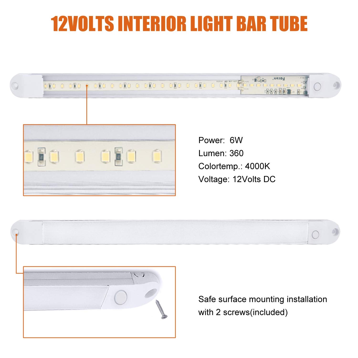 Facon 13-Inch LED RV Interior Light, 3000K Warm White, Aluminum, 12V with On/Off Switch, Model YD-2002-12SW