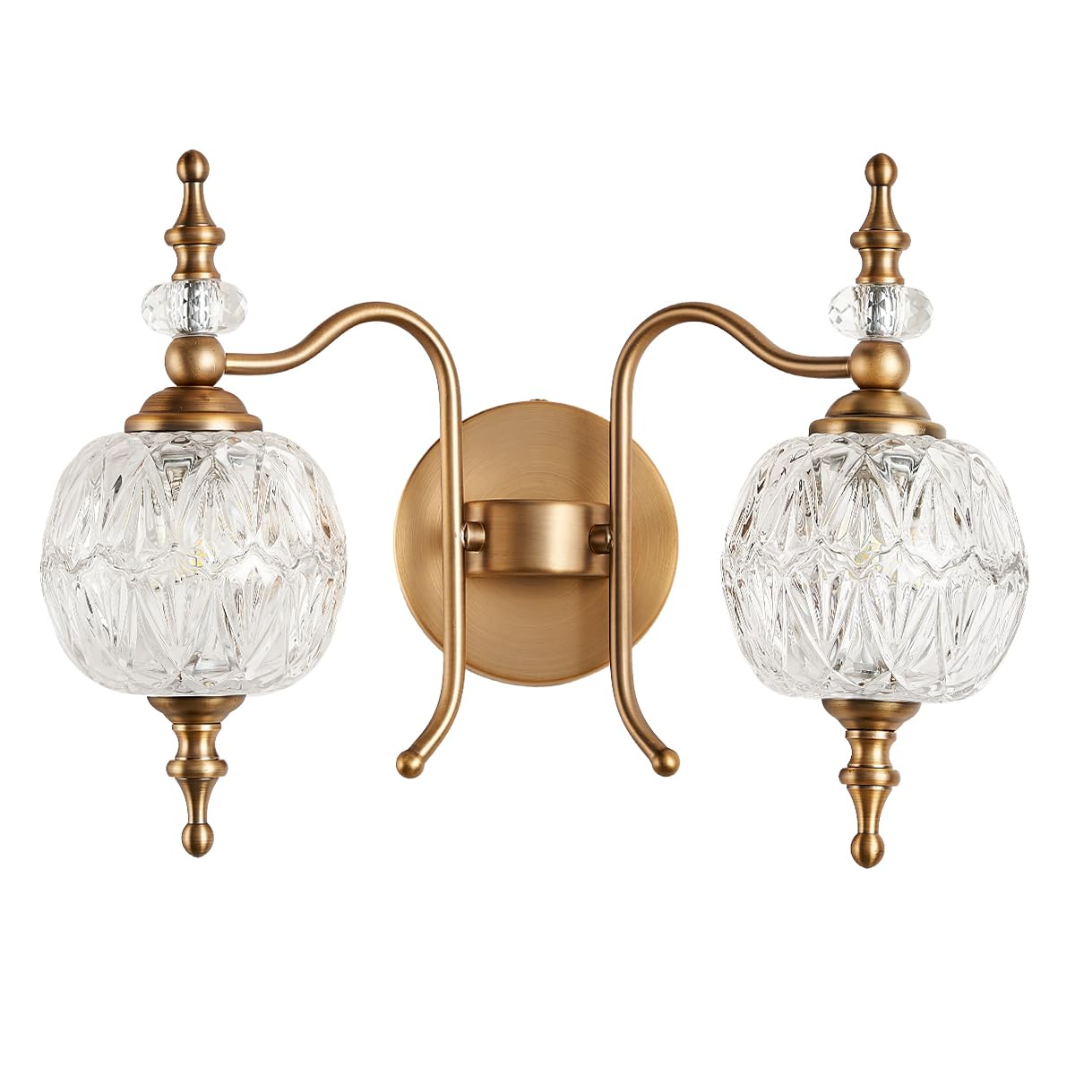 TLOLGT 2-Light Vintage Crystal Bathroom Wall Sconces, Matte Brushed Antique Brass Finish Retro Wall Sconce Light with Crystal Gl