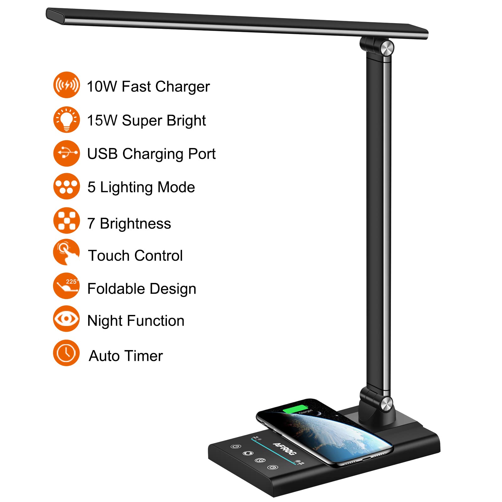 AFROG 5th Gen LED Desk Lamp with 10W Wireless Charger, Touch Control, 1800Lux Brightness, Metal, Black 5.0 Pro, Model EK009A
