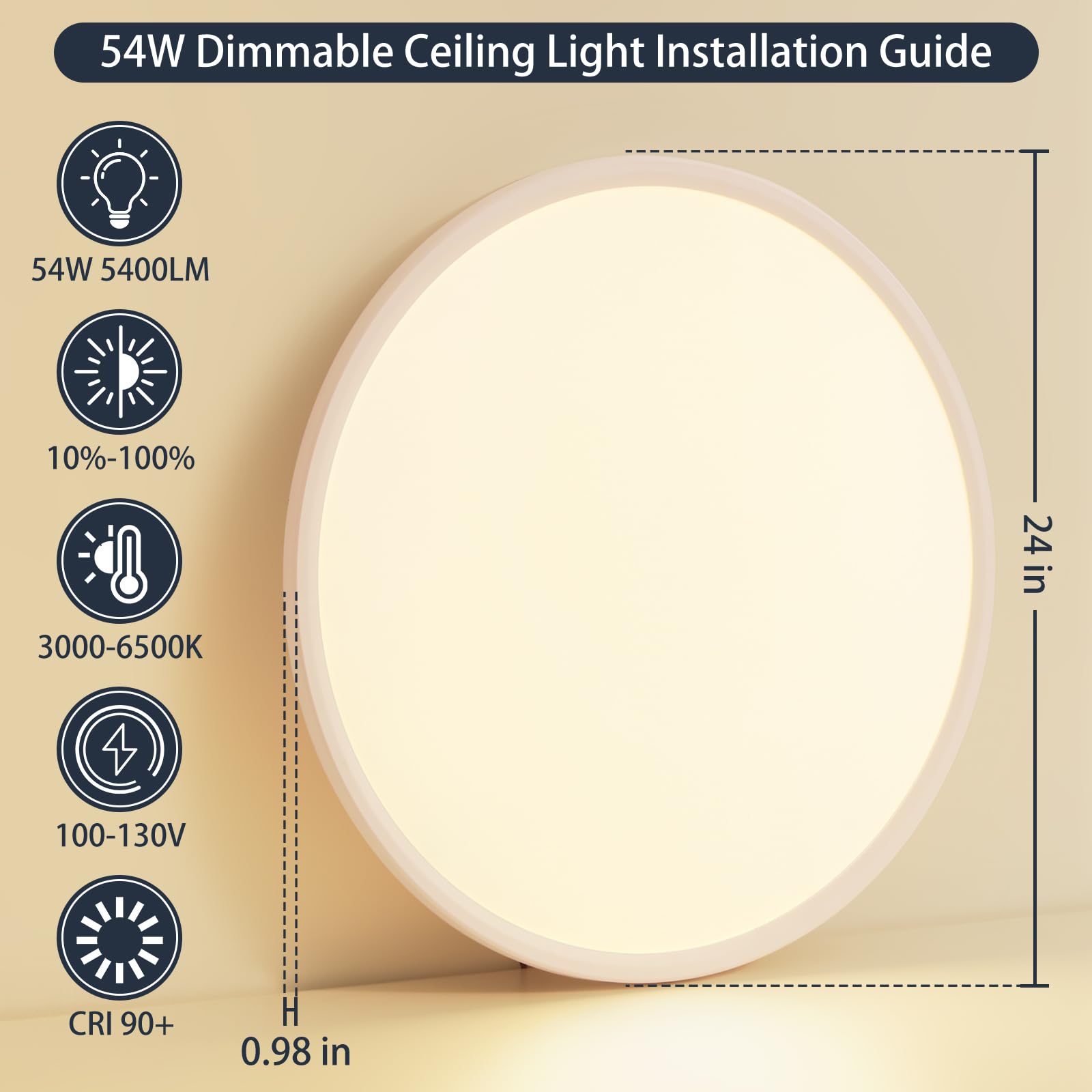 Kiwivic 24 Inch Flush Mount Ceiling Light With Remote, 54W Dimmable Led Fixture 5400Lm, 3000K-6500K Adjustable, Round Ceiling La