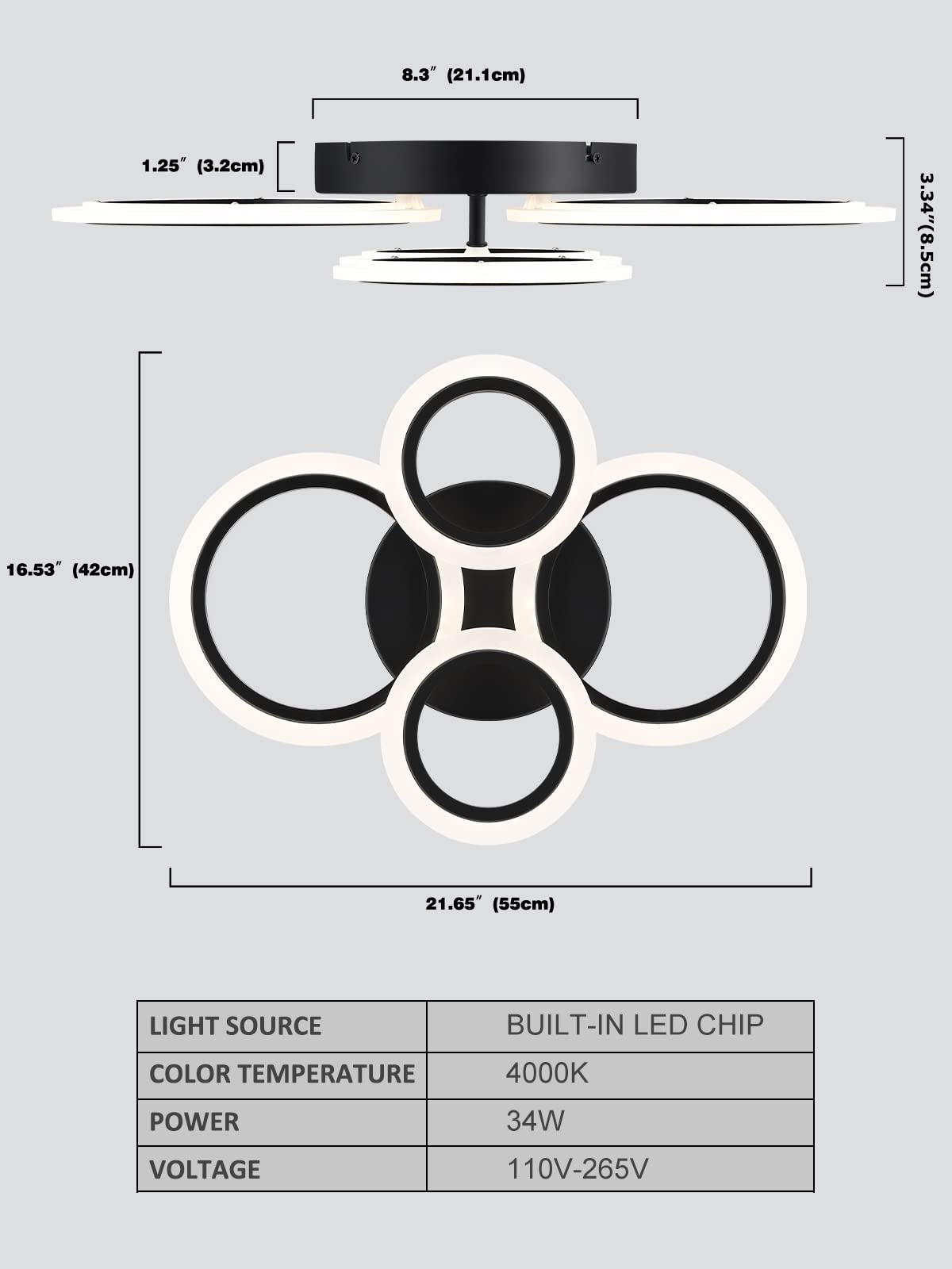 Vikaey Modern Led Flush Mount Ceiling Light, 4 Rings Led Black Close To Ceiling Light, Lighting Fixture Ceiling Lamp For Kitchen, Living Room, Bedroom, Laundry Room, 4000K Not Dimmable