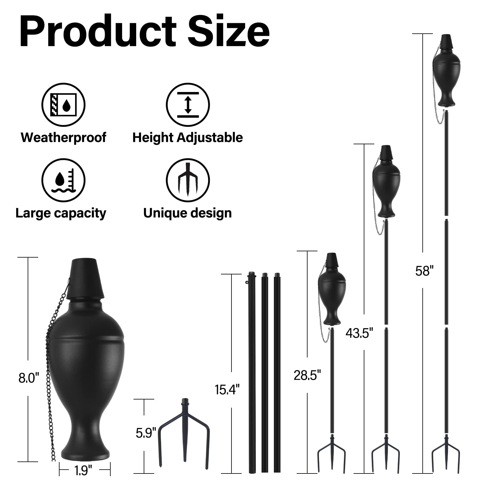 Zspeng 6 Pack Metal Citronella Torches, 58-Inch With 3-Prong Grounded Stake For Outdoor Use