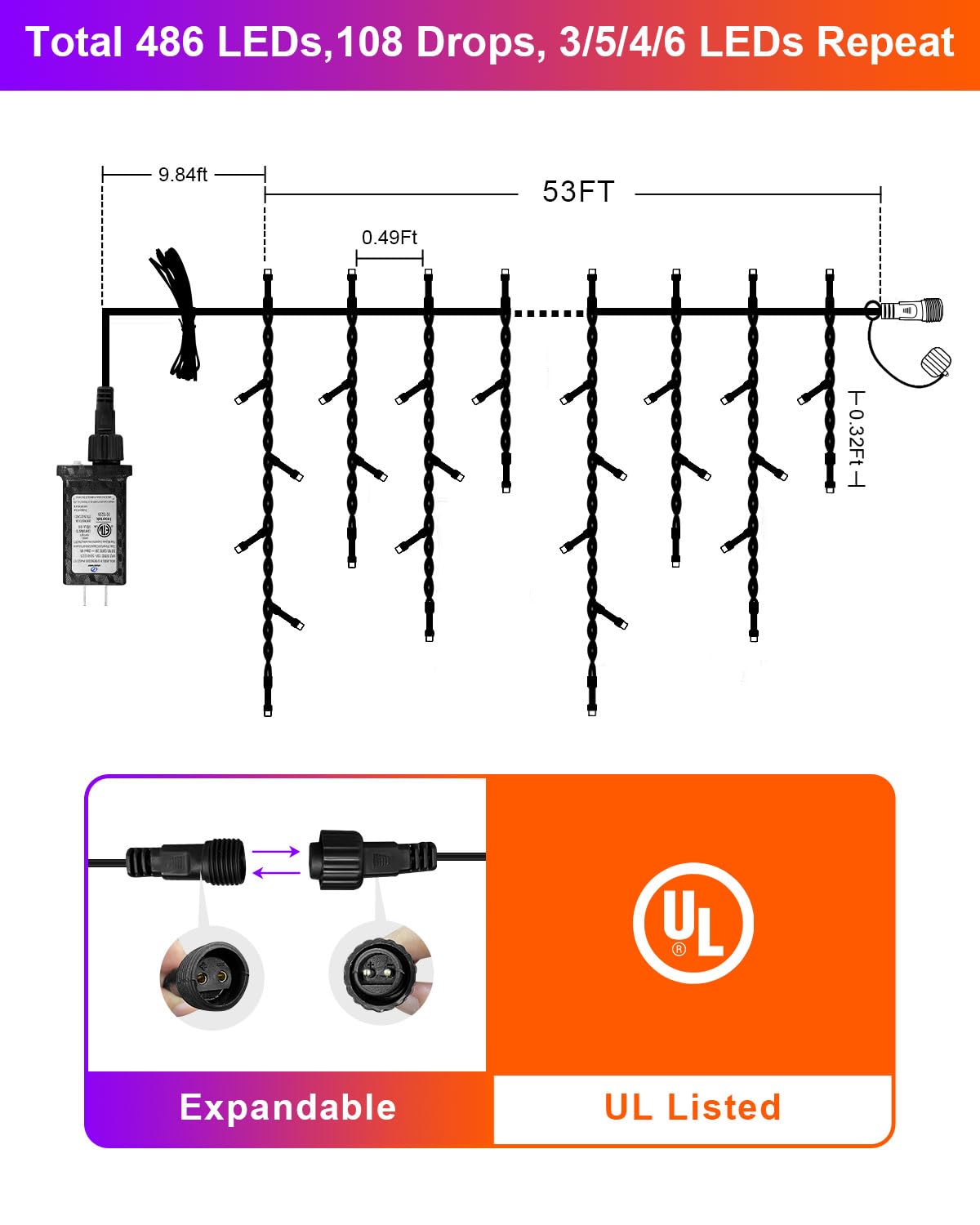 Jixxulvu Outdoor Halloween Lights  Waterproof 53Ft 486 Led Hanging String Lights With 108 Drops  8 Modes Timer  Connectable Plug-In Outside Lights For Party Eaves Yard Decorations  Purple And Orange