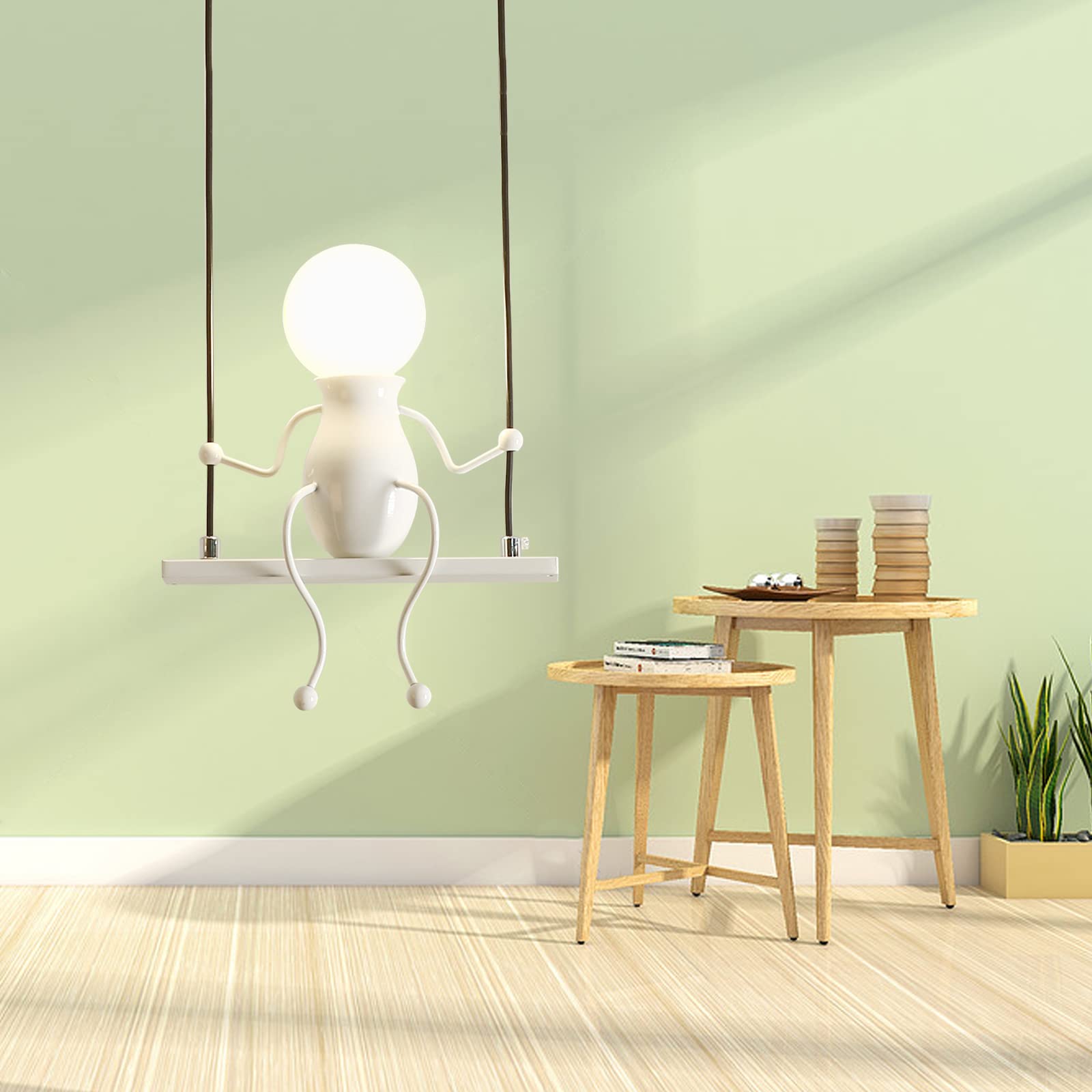 Creative Led Pendant Lighting Modern Little People Ceiling Pendant Light Fixture Adjustable Hanging Lights Kitchen Island Iron Cartoon Doll Chandeliers Bedrooms 1×E26 Baking Paint (White, One)