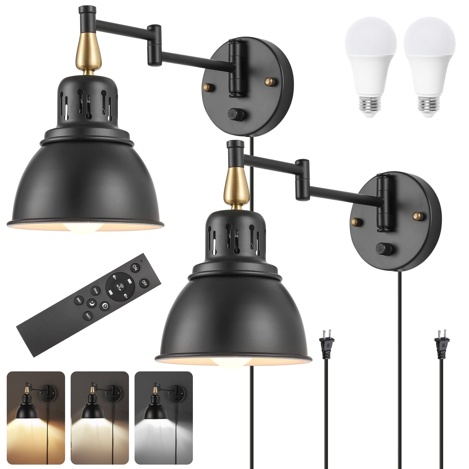 TRLIFE Wall Sconces Plug-in, Remote Control, Dimmable, Adjustable Color Temperature, 2 Pack, Black, Arm-W02-2Re
