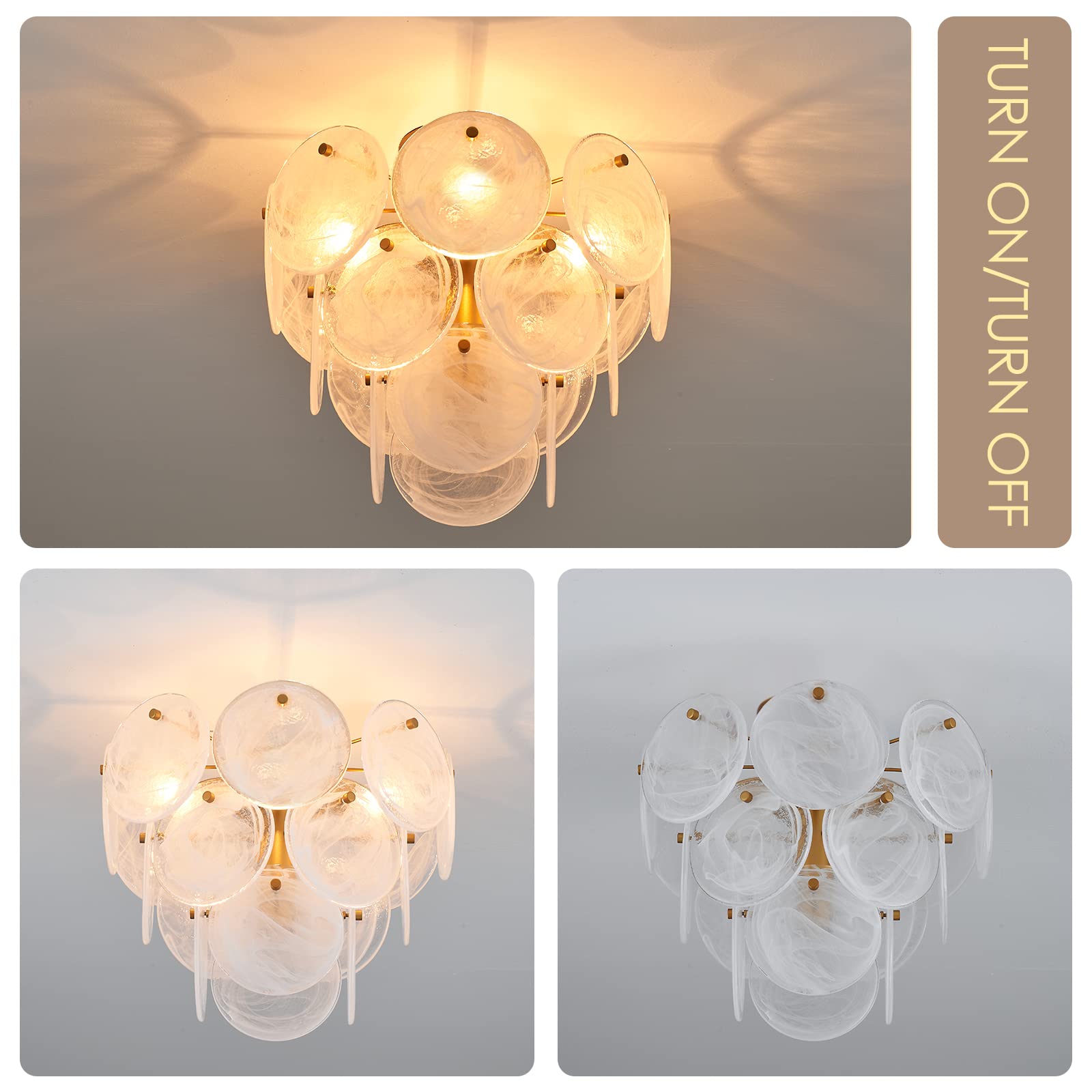 Vanzarla Modern Flush Mount Glass Ceiling Light, Gold Hallway Lights Vintage Chandelier, 4-Light Unique Light Fixture For Bedroo