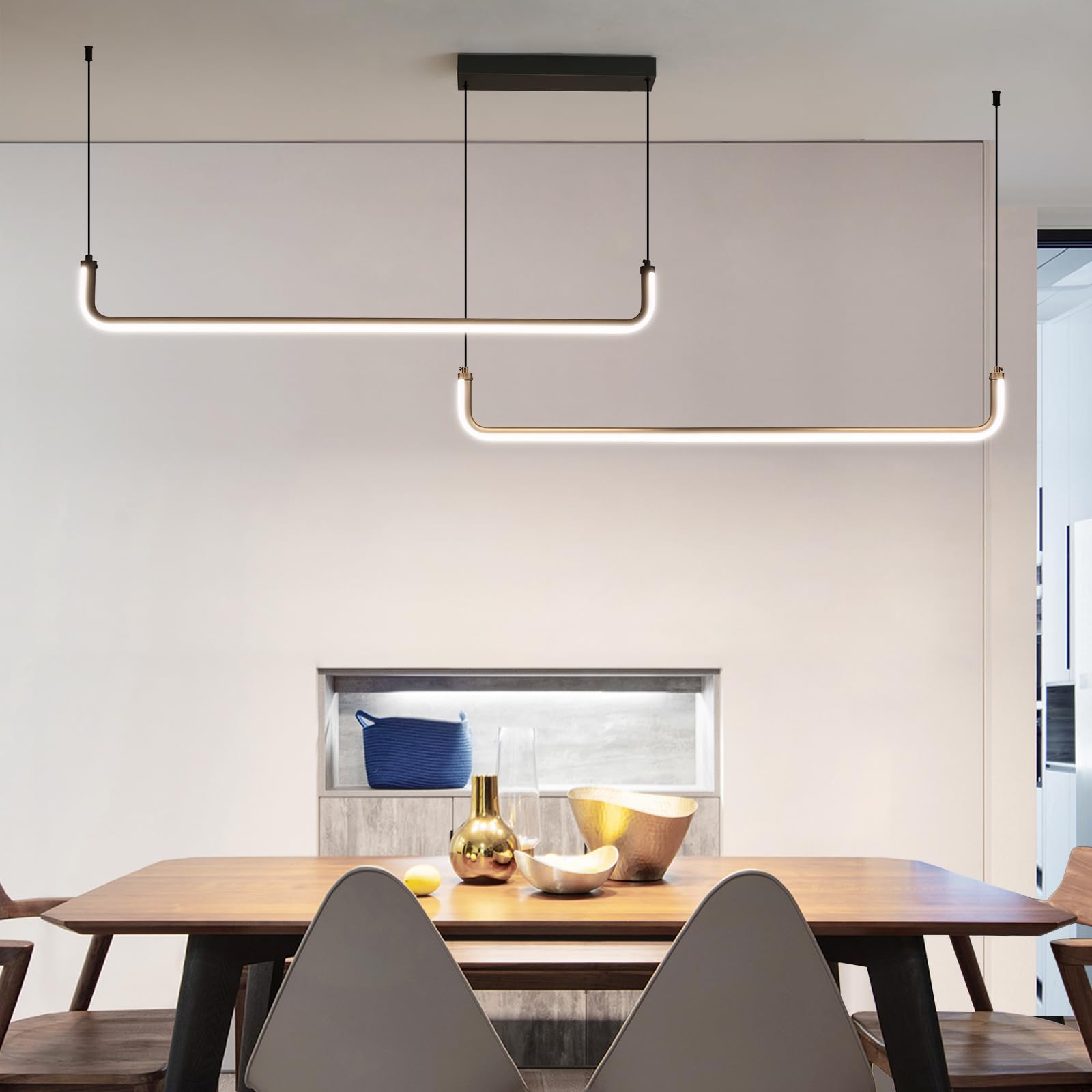 Mikeru 2-Light LED Chandelier, 79in, Aluminum, Remote Control, Adjustable Color Temp 3000K-6500K, H-Black, Model UXPJ
