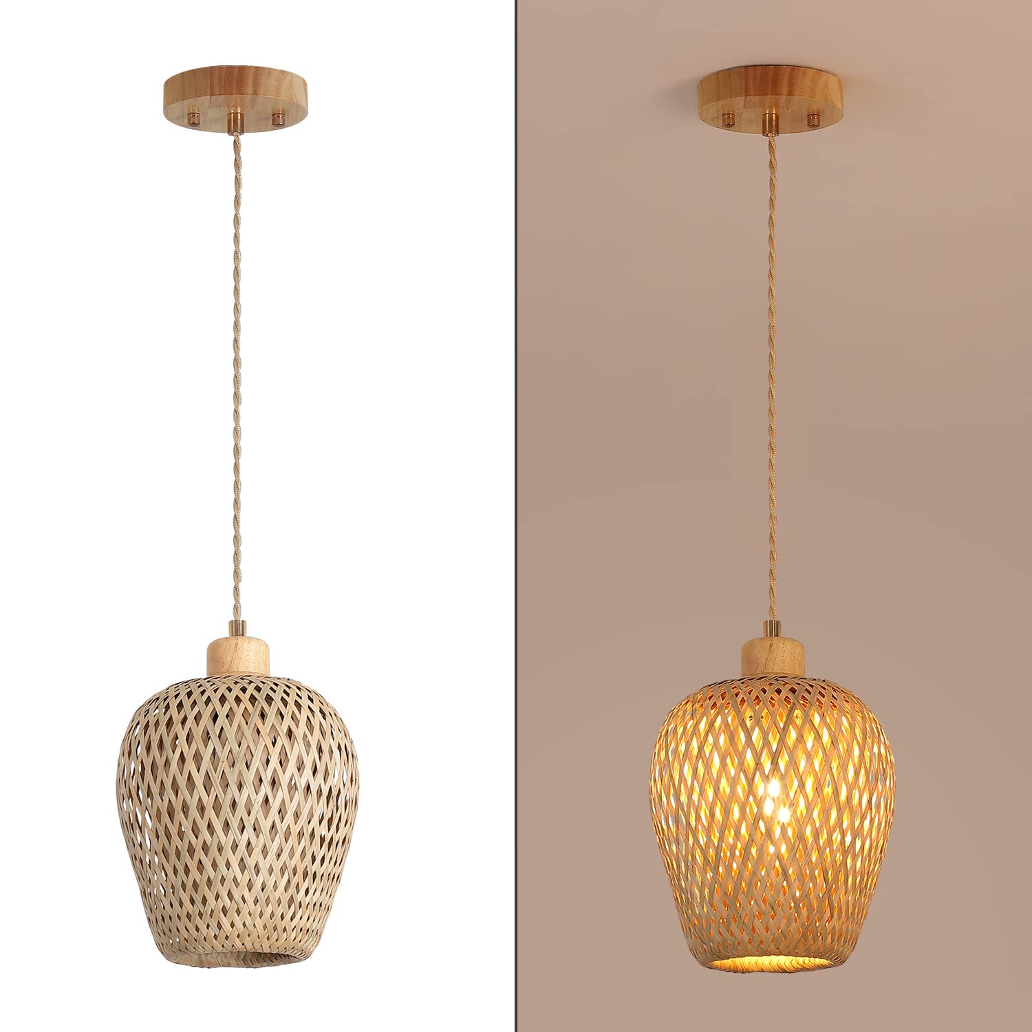 Hchunqjor Bamboo Pendant Light Fixture, One-Light Adjustable, Handmade Woven, Small Size, Natural Color, Model 3606-1