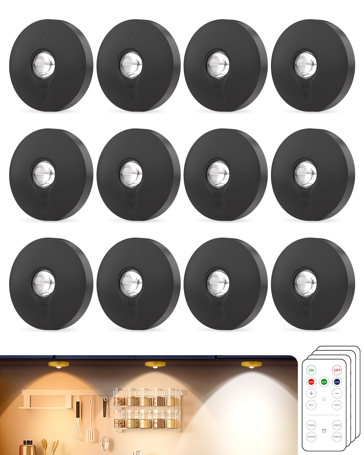 Aokpsrt Rechargeable Puck Lights with Remote Control, 1500mAh Battery Operated Dimmer&Timer Under Cabinet Wireless Stick on Ligh