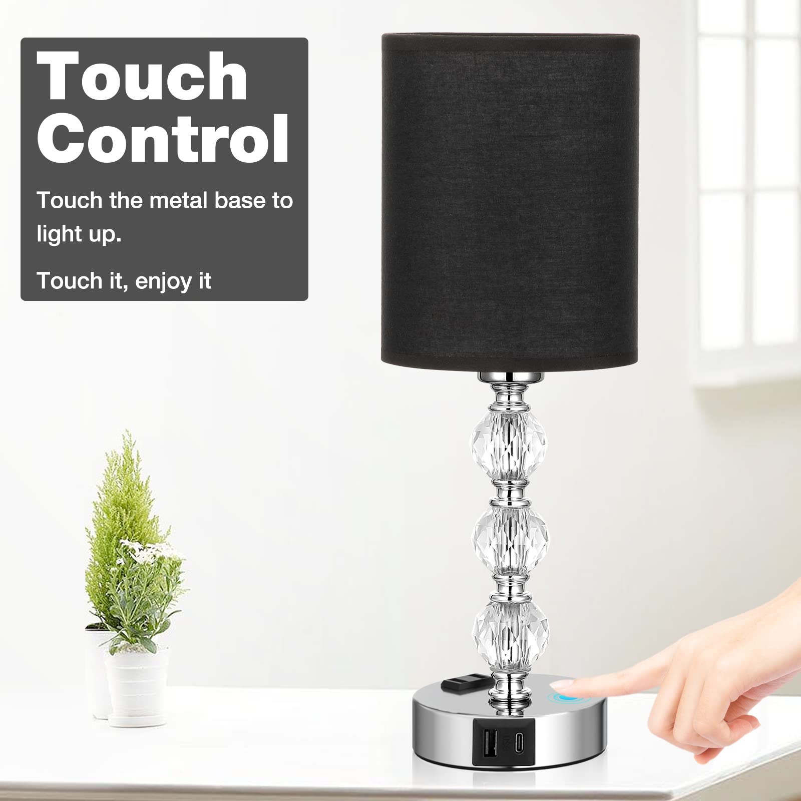 Acaxin Black Touch Bedside Lamp - Crystal Table Lamp with USB C+A Ports, 3-Way Dimmable, 14.6in for Living Room/Bedroom