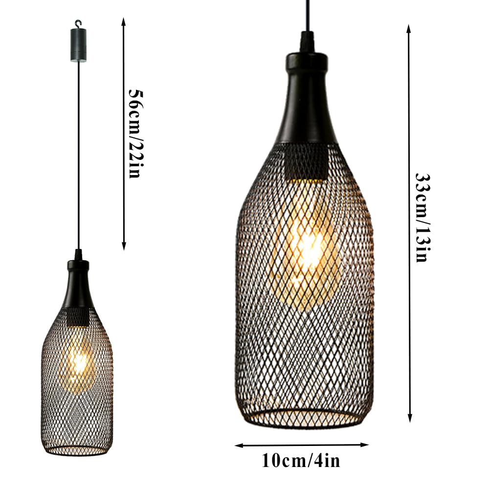 JHY DESIGN Hanging Lamp - Battery Powered Metal Cage Pendant - 13inH Wine Bottle Shape - Ideal for Indoor/Outdoor Use