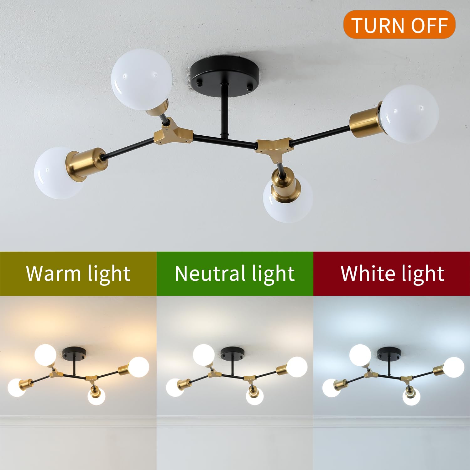 Quoobe Modern Semi Flush Mount Ceiling Light Mid Century 4 Light Lighting Fixture For Dining Room Bedroom Kitchen Foyer Entryway Hallway Metal Gold And Black Sputnik Chandelier
