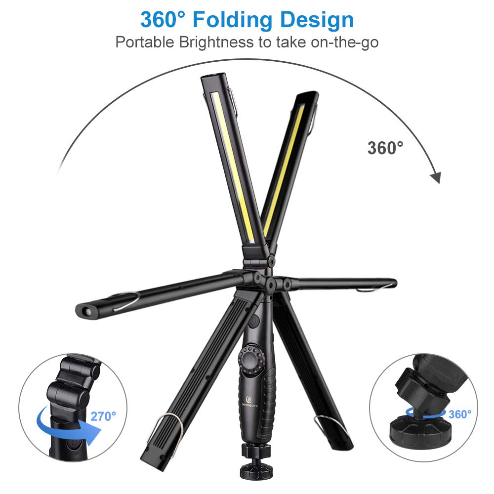 Orhomelife Rechargeable Led Work Light - 750 Lumens Foldable Led Flashlight Handheld Cordless Work Light With Magnetic Base, 360°Rotate, Power Indicator For Car Repair, Garage, Household (2 Pack)